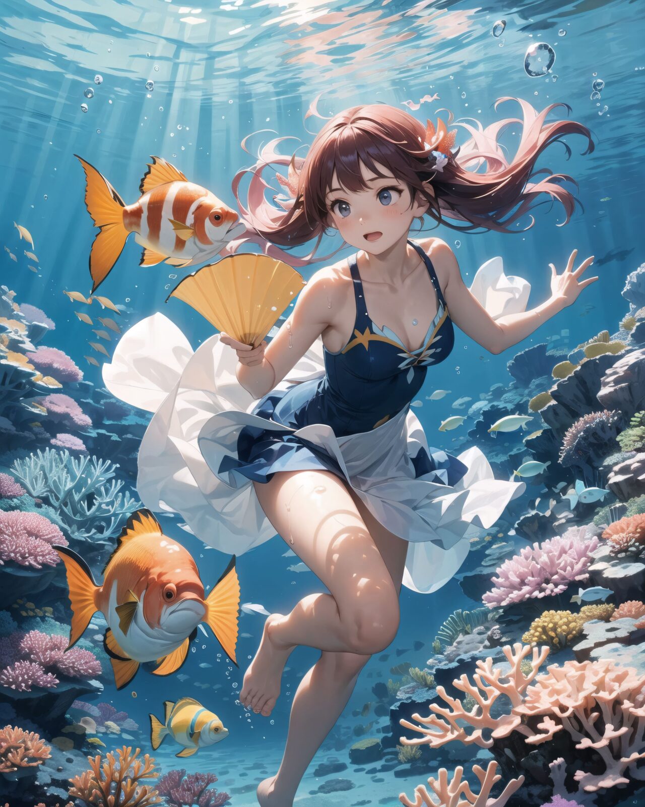 A serene underwater scene where a young girl swims gracefully among vibrant coral reefs and colorful tropical fish. She wears a light, flowing dress or a mermaid-like outfit that moves gently with the water?s current, giving her an ethereal appearance. Her hair, long and flowing, fans out around her in the water, illuminated by the beams of sunlight filtering down from the surface. The coral reefs below her are teeming with life, displaying shades of pink, purple, blue, and orange. Tropical fish, such as yellow angelfish, blue tangs, and clownfish, swim around her playfully, and some even seem to follow her movements as if she belongs to this magical underwater world.

The girl's expression is peaceful and joyful, her eyes wide with wonder as she reaches out towards the fish. Her skin glows softly in the filtered sunlight, and bubbles float up around her, adding a sense of tranquility to the scene. The ocean water around her is crystal clear, with rays of sunlight casting shimmering patterns across the sea floor. Coral sways gently in the background, while sea anemones move with the current. The atmosphere is dreamlike, as if the girl is exploring a secret, enchanted part of the ocean