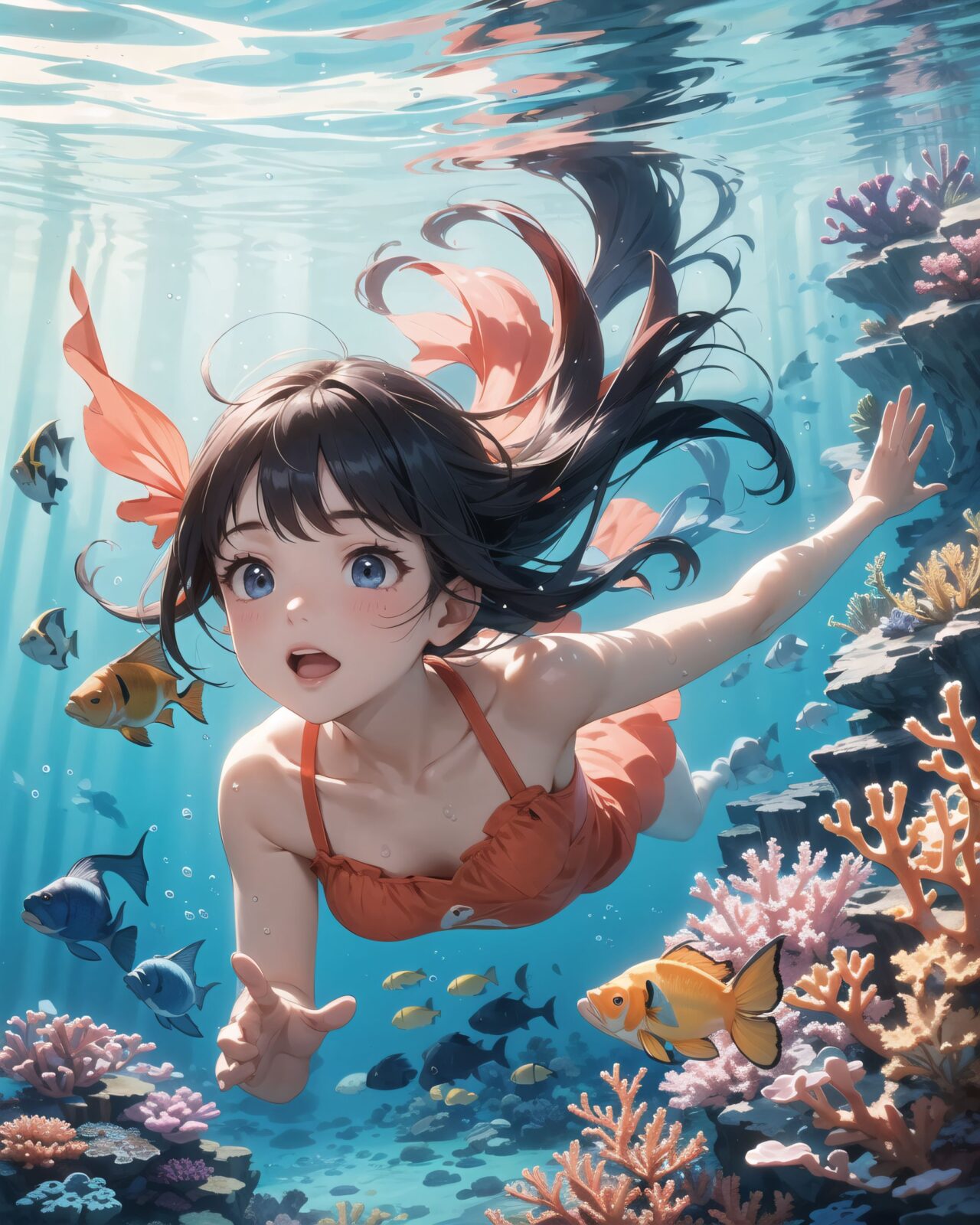 A serene underwater scene where a young girl swims gracefully among vibrant coral reefs and colorful tropical fish. She wears a light, flowing dress or a mermaid-like outfit that moves gently with the water?s current, giving her an ethereal appearance. Her hair, long and flowing, fans out around her in the water, illuminated by the beams of sunlight filtering down from the surface. The coral reefs below her are teeming with life, displaying shades of pink, purple, blue, and orange. Tropical fish, such as yellow angelfish, blue tangs, and clownfish, swim around her playfully, and some even seem to follow her movements as if she belongs to this magical underwater world.

The girl's expression is peaceful and joyful, her eyes wide with wonder as she reaches out towards the fish. Her skin glows softly in the filtered sunlight, and bubbles float up around her, adding a sense of tranquility to the scene. The ocean water around her is crystal clear, with rays of sunlight casting shimmering patterns across the sea floor. Coral sways gently in the background, while sea anemones move with the current. The atmosphere is dreamlike, as if the girl is exploring a secret, enchanted part of the ocean