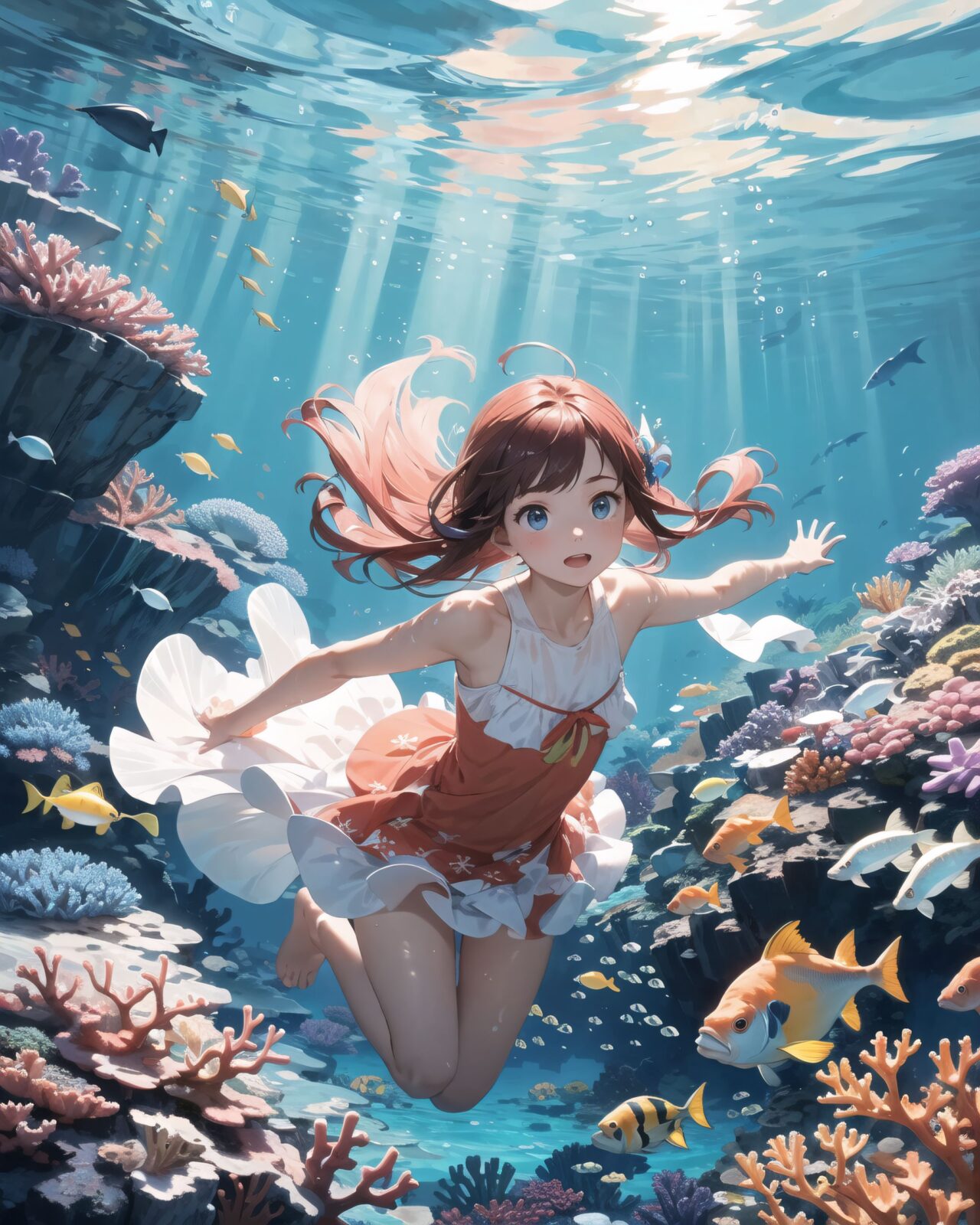 A serene underwater scene where a young girl swims gracefully among vibrant coral reefs and colorful tropical fish. She wears a light, flowing dress or a mermaid-like outfit that moves gently with the water?s current, giving her an ethereal appearance. Her hair, long and flowing, fans out around her in the water, illuminated by the beams of sunlight filtering down from the surface. The coral reefs below her are teeming with life, displaying shades of pink, purple, blue, and orange. Tropical fish, such as yellow angelfish, blue tangs, and clownfish, swim around her playfully, and some even seem to follow her movements as if she belongs to this magical underwater world.

The girl's expression is peaceful and joyful, her eyes wide with wonder as she reaches out towards the fish. Her skin glows softly in the filtered sunlight, and bubbles float up around her, adding a sense of tranquility to the scene. The ocean water around her is crystal clear, with rays of sunlight casting shimmering patterns across the sea floor. Coral sways gently in the background, while sea anemones move with the current. The atmosphere is dreamlike, as if the girl is exploring a secret, enchanted part of the ocean