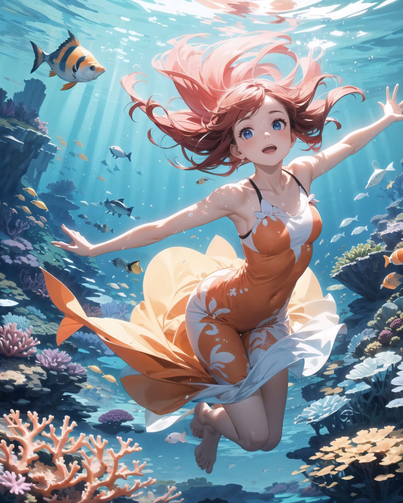 A serene underwater scene where a young girl swims gracefully among vibrant coral reefs and colorful tropical fish. She wears a light, flowing dress or a mermaid-like outfit that moves gently with the water?s current, giving her an ethereal appearance. Her hair, long and flowing, fans out around her in the water, illuminated by the beams of sunlight filtering down from the surface. The coral reefs below her are teeming with life, displaying shades of pink, purple, blue, and orange. Tropical fish, such as yellow angelfish, blue tangs, and clownfish, swim around her playfully, and some even seem to follow her movements as if she belongs to this magical underwater world.

The girl's expression is peaceful and joyful, her eyes wide with wonder as she reaches out towards the fish. Her skin glows softly in the filtered sunlight, and bubbles float up around her, adding a sense of tranquility to the scene. The ocean water around her is crystal clear, with rays of sunlight casting shimmering patterns across the sea floor. Coral sways gently in the background, while sea anemones move with the current. The atmosphere is dreamlike, as if the girl is exploring a secret, enchanted part of the ocean