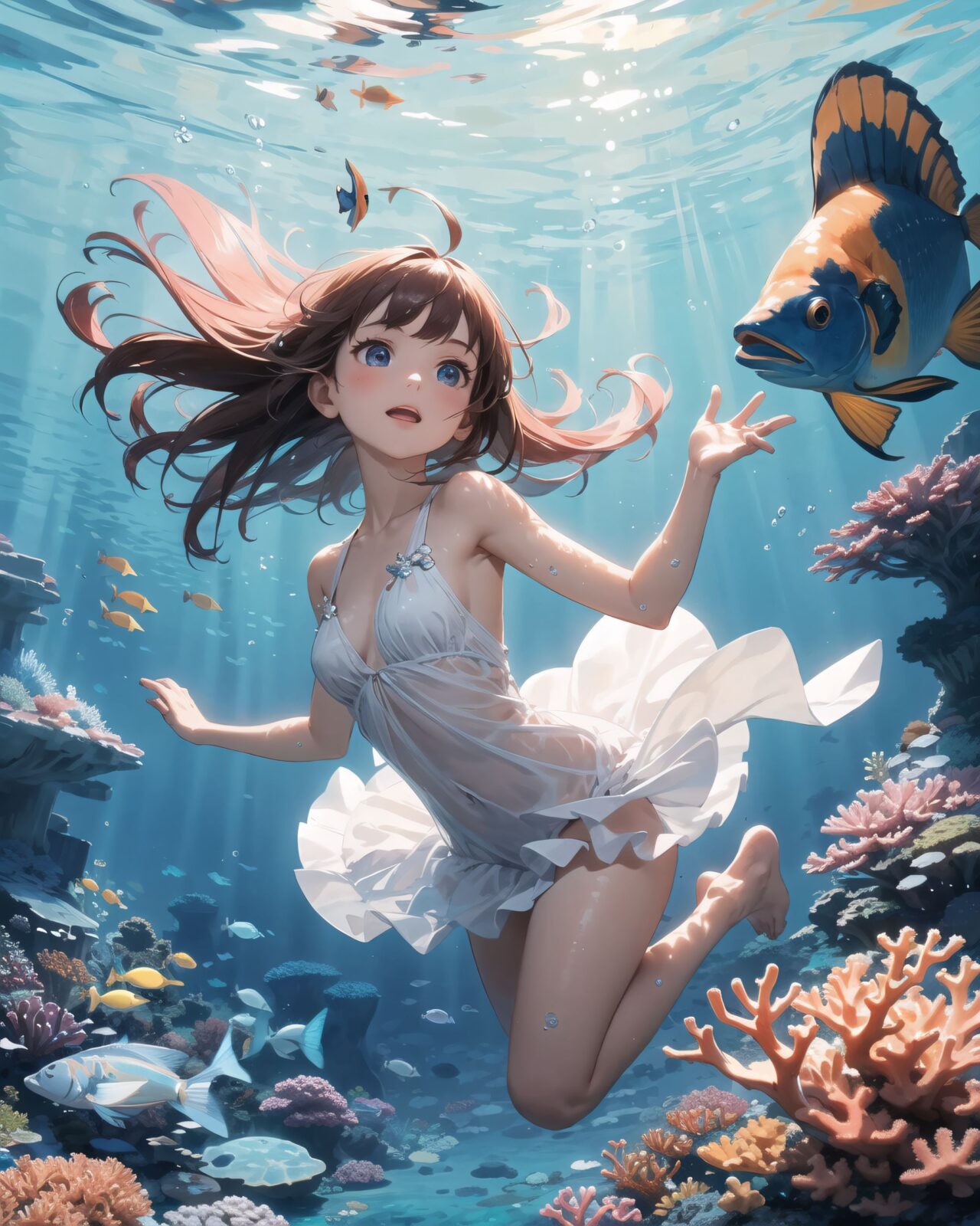 A serene underwater scene where a young girl swims gracefully among vibrant coral reefs and colorful tropical fish. She wears a light, flowing dress or a mermaid-like outfit that moves gently with the water?s current, giving her an ethereal appearance. Her hair, long and flowing, fans out around her in the water, illuminated by the beams of sunlight filtering down from the surface. The coral reefs below her are teeming with life, displaying shades of pink, purple, blue, and orange. Tropical fish, such as yellow angelfish, blue tangs, and clownfish, swim around her playfully, and some even seem to follow her movements as if she belongs to this magical underwater world.

The girl's expression is peaceful and joyful, her eyes wide with wonder as she reaches out towards the fish. Her skin glows softly in the filtered sunlight, and bubbles float up around her, adding a sense of tranquility to the scene. The ocean water around her is crystal clear, with rays of sunlight casting shimmering patterns across the sea floor. Coral sways gently in the background, while sea anemones move with the current. The atmosphere is dreamlike, as if the girl is exploring a secret, enchanted part of the ocean