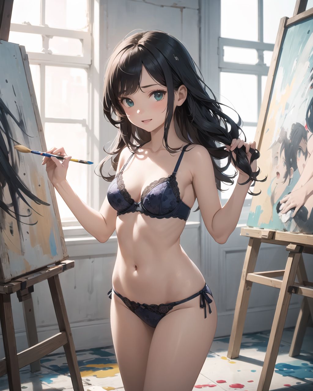 (innocent and pure 12-year-child girl: 1.5), young face, short stature, short, childish, 

Idol smile with a combination of innocence and a hint of sex appeal.

eyes shining with purity, delicate flow of hair, Facing the camera, making eye contact, Soft, natural posture, youthful, graceful shot, "

(Art studio with canvases and paint splattered floors),
(Deep violet with neon green highlights loose waves),

A stunning pink silk push-up bra, designed to provide both lift and elegance, with intricate floral lace delicately adorning the cups. The lace flows along the curves of the bra, creating a soft and feminine silhouette. The delicate petals and leaves of the lace pattern mimic the gentle movement of flowers in the wind, adding an ethereal touch to the design. ethereal touch to the design. Paired with matching pink silk bikini panties, the sides of the panties feature the same floral lace, gracefully extending from the waist to the hips, emphasizing the natural curves. A small silk ribbon is tied at the waist, adding a charming accent that complements the overall look. Completing the set is a pink silk camisole, with matching lace trim along the neckline and hem. The camisole drapes softly over the body, with the smooth silk enhancing the feminine silhouette. The soft pink tones and intricate lace details create a cohesive, romantic look, perfect for unwinding after a long day or enjoying a special, intimate evening.?

BLAKE

"Inside a lively and creative art studio, the floor is splattered with vibrant colors of paint, creating a chaotic yet beautiful scene of artistic expression. In the center of the room, an unfinished canvas stands on an easel, covered in bold brushstrokes of various hues?deep blues, fiery reds, and bright yellows?all blending together in an abstract masterpiece. Around the canvas, paint tubes, brushes, and palettes are scattered haphazardly, some still oozing with fresh paint. The walls of the studio are adorned with other completed artworks, a mix of landscapes, portraits, and abstract pieces, each filled with emotion and color.

The sunlight streams in from large windows, casting long shadows across the floor and illuminating the room with a warm glow. The air smells faintly of paint and creativity, as if the space itself is alive with the energy of the artist?s work. The floor is a canvas in itself, with splatters of paint creating a vivid mosaic of colors beneath the artist?s feet. The atmosphere is one of raw, unfiltered creativity, where the boundaries between artist and art blur. Brushes rest in cups of water, and a paint-smeared apron hangs over the back of a chair, indicating that the artist has just stepped away from their work, leaving the studio buzzing with potential."