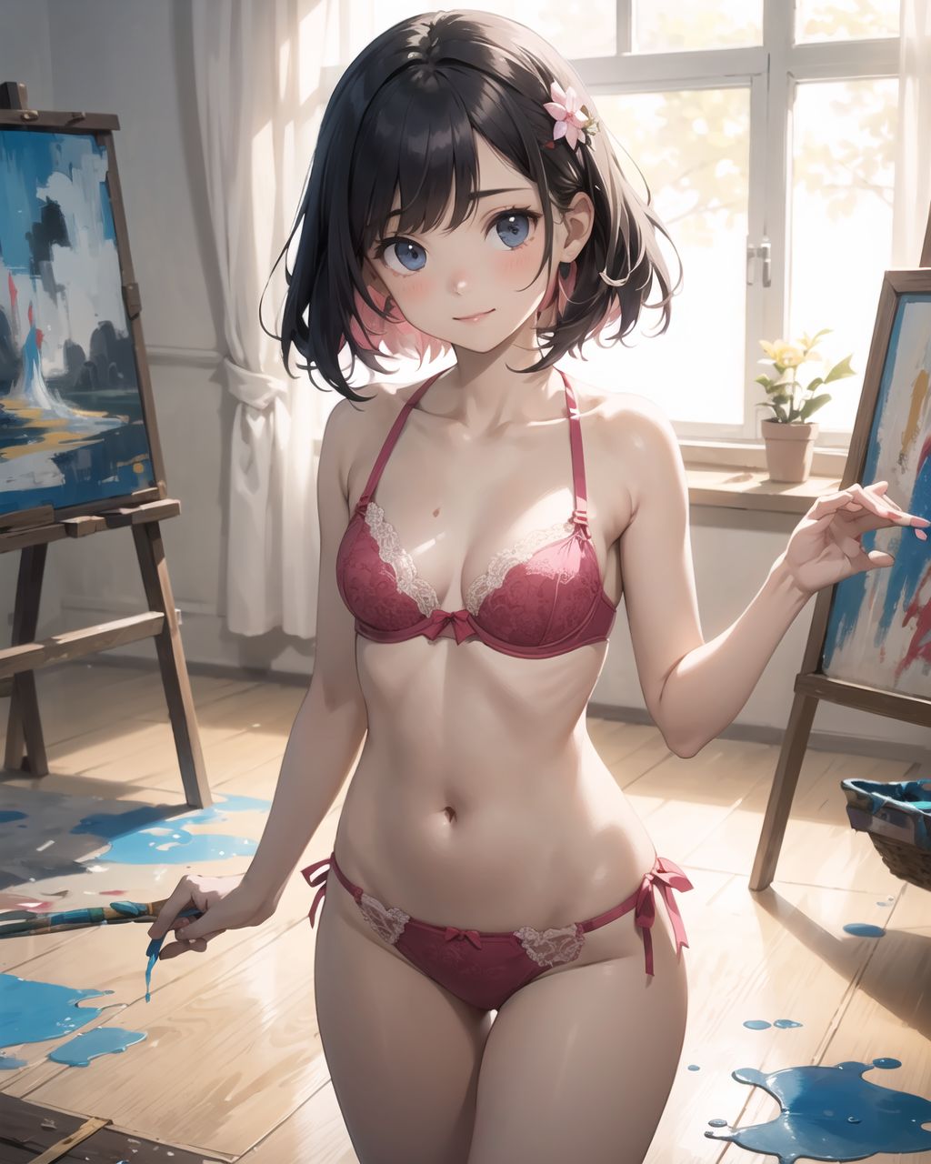 (innocent and pure 12-year-child girl: 1.5), young face, short stature, short, childish, 

Idol smile with a combination of innocence and a hint of sex appeal.

eyes shining with purity, delicate flow of hair, Facing the camera, making eye contact, Soft, natural posture, youthful, graceful shot, "

(Art studio with canvases and paint splattered floors),
(Deep violet with neon green highlights loose waves),

A stunning pink silk push-up bra, designed to provide both lift and elegance, with intricate floral lace delicately adorning the cups. The lace flows along the curves of the bra, creating a soft and feminine silhouette. The delicate petals and leaves of the lace pattern mimic the gentle movement of flowers in the wind, adding an ethereal touch to the design. ethereal touch to the design. Paired with matching pink silk bikini panties, the sides of the panties feature the same floral lace, gracefully extending from the waist to the hips, emphasizing the natural curves. A small silk ribbon is tied at the waist, adding a charming accent that complements the overall look. Completing the set is a pink silk camisole, with matching lace trim along the neckline and hem. The camisole drapes softly over the body, with the smooth silk enhancing the feminine silhouette. The soft pink tones and intricate lace details create a cohesive, romantic look, perfect for unwinding after a long day or enjoying a special, intimate evening.?

BLAKE

"Inside a lively and creative art studio, the floor is splattered with vibrant colors of paint, creating a chaotic yet beautiful scene of artistic expression. In the center of the room, an unfinished canvas stands on an easel, covered in bold brushstrokes of various hues?deep blues, fiery reds, and bright yellows?all blending together in an abstract masterpiece. Around the canvas, paint tubes, brushes, and palettes are scattered haphazardly, some still oozing with fresh paint. The walls of the studio are adorned with other completed artworks, a mix of landscapes, portraits, and abstract pieces, each filled with emotion and color.

The sunlight streams in from large windows, casting long shadows across the floor and illuminating the room with a warm glow. The air smells faintly of paint and creativity, as if the space itself is alive with the energy of the artist?s work. The floor is a canvas in itself, with splatters of paint creating a vivid mosaic of colors beneath the artist?s feet. The atmosphere is one of raw, unfiltered creativity, where the boundaries between artist and art blur. Brushes rest in cups of water, and a paint-smeared apron hangs over the back of a chair, indicating that the artist has just stepped away from their work, leaving the studio buzzing with potential."