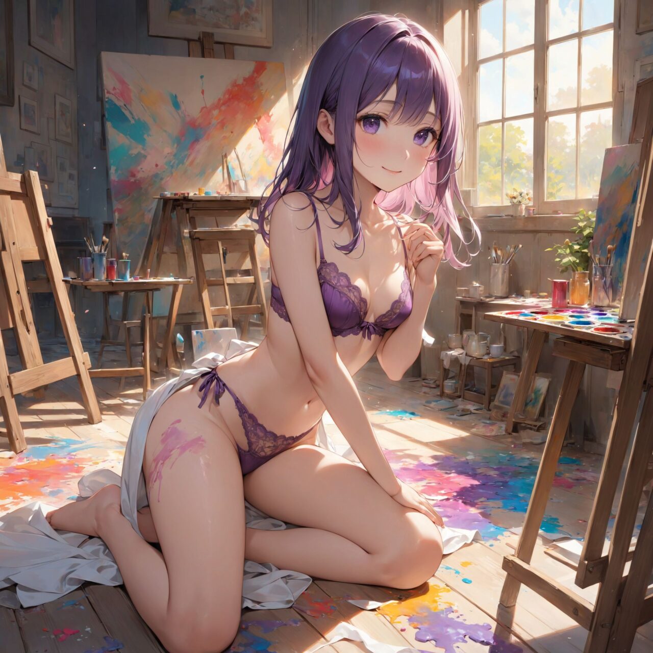 (innocent and pure 12-year-child girl: 1.5), young face, short stature, short, childish, 

Idol smile with a combination of innocence and a hint of sex appeal.

eyes shining with purity, delicate flow of hair, Facing the camera, making eye contact, Soft, natural posture, youthful, graceful shot, "

(Art studio with canvases and paint splattered floors),
(Deep violet with neon green highlights loose waves),

A stunning pink silk push-up bra, designed to provide both lift and elegance, with intricate floral lace delicately adorning the cups. The lace flows along the curves of the bra, creating a soft and feminine silhouette. The delicate petals and leaves of the lace pattern mimic the gentle movement of flowers in the wind, adding an ethereal touch to the design. ethereal touch to the design. Paired with matching pink silk bikini panties, the sides of the panties feature the same floral lace, gracefully extending from the waist to the hips, emphasizing the natural curves. A small silk ribbon is tied at the waist, adding a charming accent that complements the overall look. Completing the set is a pink silk camisole, with matching lace trim along the neckline and hem. The camisole drapes softly over the body, with the smooth silk enhancing the feminine silhouette. The soft pink tones and intricate lace details create a cohesive, romantic look, perfect for unwinding after a long day or enjoying a special, intimate evening.?

BLAKE

"Inside a lively and creative art studio, the floor is splattered with vibrant colors of paint, creating a chaotic yet beautiful scene of artistic expression. In the center of the room, an unfinished canvas stands on an easel, covered in bold brushstrokes of various hues?deep blues, fiery reds, and bright yellows?all blending together in an abstract masterpiece. Around the canvas, paint tubes, brushes, and palettes are scattered haphazardly, some still oozing with fresh paint. The walls of the studio are adorned with other completed artworks, a mix of landscapes, portraits, and abstract pieces, each filled with emotion and color.

The sunlight streams in from large windows, casting long shadows across the floor and illuminating the room with a warm glow. The air smells faintly of paint and creativity, as if the space itself is alive with the energy of the artist?s work. The floor is a canvas in itself, with splatters of paint creating a vivid mosaic of colors beneath the artist?s feet. The atmosphere is one of raw, unfiltered creativity, where the boundaries between artist and art blur. Brushes rest in cups of water, and a paint-smeared apron hangs over the back of a chair, indicating that the artist has just stepped away from their work, leaving the studio buzzing with potential."