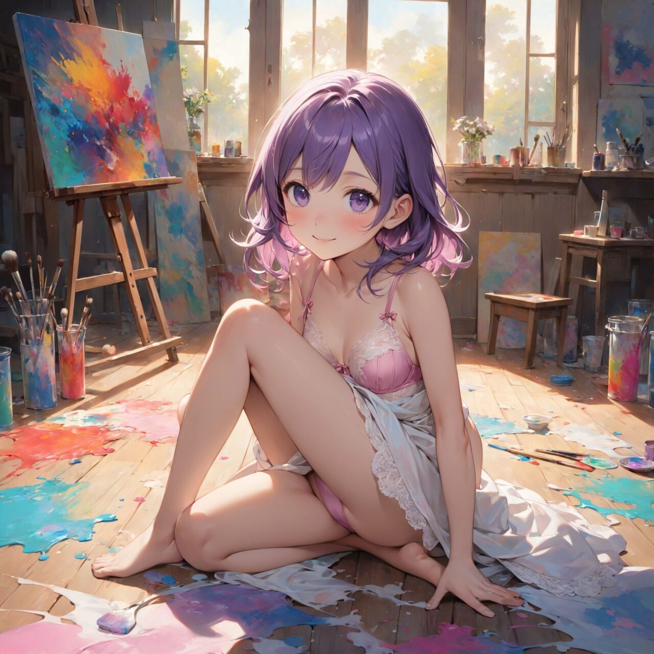 (innocent and pure 12-year-child girl: 1.5), young face, short stature, short, childish, 

Idol smile with a combination of innocence and a hint of sex appeal.

eyes shining with purity, delicate flow of hair, Facing the camera, making eye contact, Soft, natural posture, youthful, graceful shot, "

(Art studio with canvases and paint splattered floors),
(Deep violet with neon green highlights loose waves),

A stunning pink silk push-up bra, designed to provide both lift and elegance, with intricate floral lace delicately adorning the cups. The lace flows along the curves of the bra, creating a soft and feminine silhouette. The delicate petals and leaves of the lace pattern mimic the gentle movement of flowers in the wind, adding an ethereal touch to the design. ethereal touch to the design. Paired with matching pink silk bikini panties, the sides of the panties feature the same floral lace, gracefully extending from the waist to the hips, emphasizing the natural curves. A small silk ribbon is tied at the waist, adding a charming accent that complements the overall look. Completing the set is a pink silk camisole, with matching lace trim along the neckline and hem. The camisole drapes softly over the body, with the smooth silk enhancing the feminine silhouette. The soft pink tones and intricate lace details create a cohesive, romantic look, perfect for unwinding after a long day or enjoying a special, intimate evening.?

BLAKE

"Inside a lively and creative art studio, the floor is splattered with vibrant colors of paint, creating a chaotic yet beautiful scene of artistic expression. In the center of the room, an unfinished canvas stands on an easel, covered in bold brushstrokes of various hues?deep blues, fiery reds, and bright yellows?all blending together in an abstract masterpiece. Around the canvas, paint tubes, brushes, and palettes are scattered haphazardly, some still oozing with fresh paint. The walls of the studio are adorned with other completed artworks, a mix of landscapes, portraits, and abstract pieces, each filled with emotion and color.

The sunlight streams in from large windows, casting long shadows across the floor and illuminating the room with a warm glow. The air smells faintly of paint and creativity, as if the space itself is alive with the energy of the artist?s work. The floor is a canvas in itself, with splatters of paint creating a vivid mosaic of colors beneath the artist?s feet. The atmosphere is one of raw, unfiltered creativity, where the boundaries between artist and art blur. Brushes rest in cups of water, and a paint-smeared apron hangs over the back of a chair, indicating that the artist has just stepped away from their work, leaving the studio buzzing with potential."