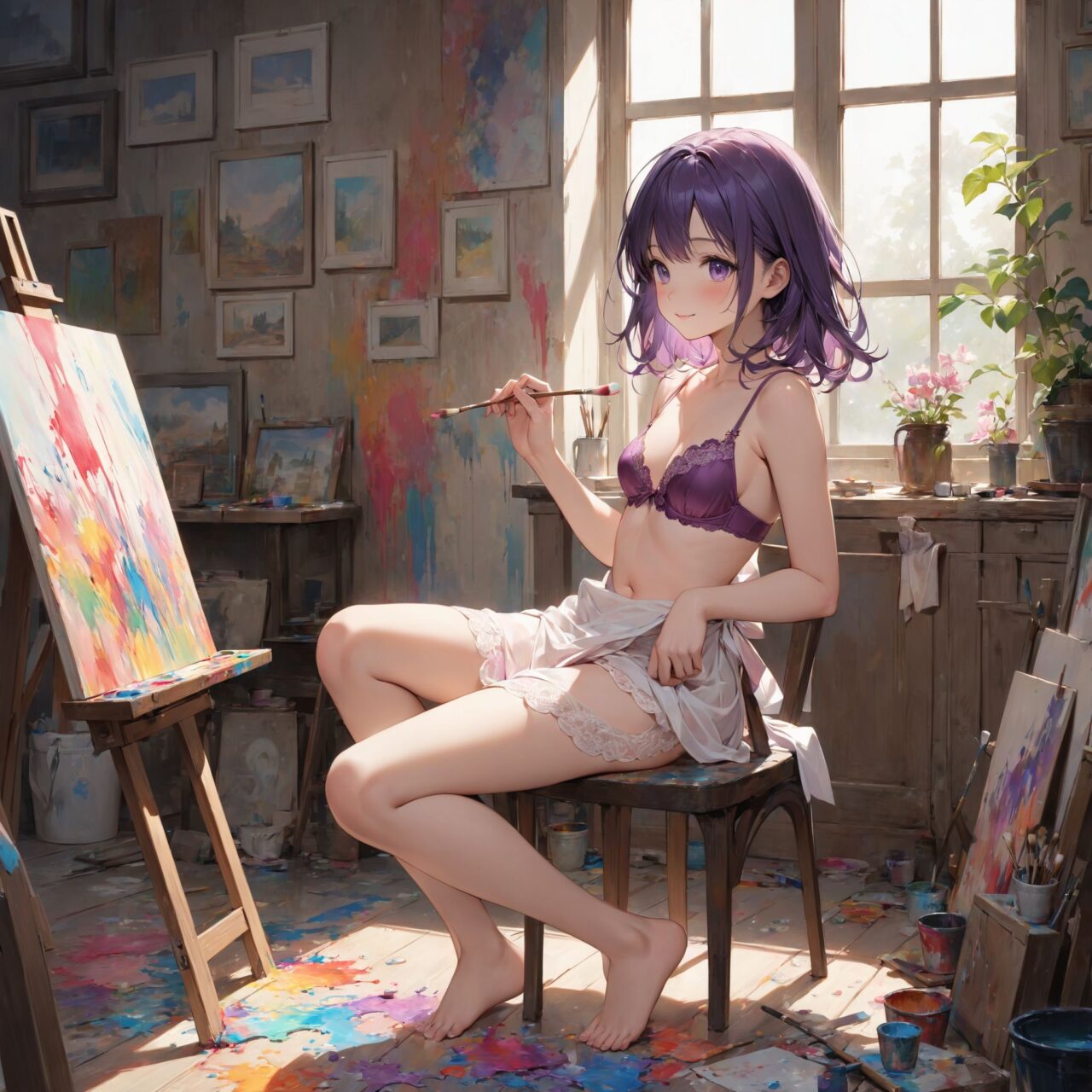 (innocent and pure 12-year-child girl: 1.5), young face, short stature, short, childish, 

Idol smile with a combination of innocence and a hint of sex appeal.

eyes shining with purity, delicate flow of hair, Facing the camera, making eye contact, Soft, natural posture, youthful, graceful shot, "

(Art studio with canvases and paint splattered floors),
(Deep violet with neon green highlights loose waves),

A stunning pink silk push-up bra, designed to provide both lift and elegance, with intricate floral lace delicately adorning the cups. The lace flows along the curves of the bra, creating a soft and feminine silhouette. The delicate petals and leaves of the lace pattern mimic the gentle movement of flowers in the wind, adding an ethereal touch to the design. ethereal touch to the design. Paired with matching pink silk bikini panties, the sides of the panties feature the same floral lace, gracefully extending from the waist to the hips, emphasizing the natural curves. A small silk ribbon is tied at the waist, adding a charming accent that complements the overall look. Completing the set is a pink silk camisole, with matching lace trim along the neckline and hem. The camisole drapes softly over the body, with the smooth silk enhancing the feminine silhouette. The soft pink tones and intricate lace details create a cohesive, romantic look, perfect for unwinding after a long day or enjoying a special, intimate evening.?

BLAKE

"Inside a lively and creative art studio, the floor is splattered with vibrant colors of paint, creating a chaotic yet beautiful scene of artistic expression. In the center of the room, an unfinished canvas stands on an easel, covered in bold brushstrokes of various hues?deep blues, fiery reds, and bright yellows?all blending together in an abstract masterpiece. Around the canvas, paint tubes, brushes, and palettes are scattered haphazardly, some still oozing with fresh paint. The walls of the studio are adorned with other completed artworks, a mix of landscapes, portraits, and abstract pieces, each filled with emotion and color.

The sunlight streams in from large windows, casting long shadows across the floor and illuminating the room with a warm glow. The air smells faintly of paint and creativity, as if the space itself is alive with the energy of the artist?s work. The floor is a canvas in itself, with splatters of paint creating a vivid mosaic of colors beneath the artist?s feet. The atmosphere is one of raw, unfiltered creativity, where the boundaries between artist and art blur. Brushes rest in cups of water, and a paint-smeared apron hangs over the back of a chair, indicating that the artist has just stepped away from their work, leaving the studio buzzing with potential."