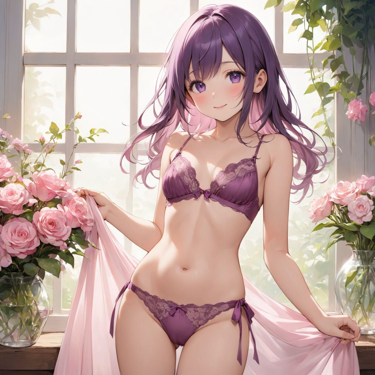 (innocent and pure 12-year-child girl: 1.5), young face, short stature, short, childish, 

Idol smile with a combination of innocence and a hint of sex appeal.

eyes shining with purity, delicate flow of hair, Facing the camera, making eye contact, Soft, natural posture, youthful, graceful shot, "

(Flower shop filled with colorful bouquets and vases),
(Deep violet with neon green highlights loose waves),

A stunning pink silk push-up bra, designed to provide both lift and elegance, with intricate floral lace delicately adorning the cups. The lace flows along the curves of the bra, creating a soft and feminine silhouette. The delicate petals and leaves of the lace pattern mimic the gentle movement of flowers in the wind, adding an ethereal touch to the design. ethereal touch to the design. Paired with matching pink silk bikini panties, the sides of the panties feature the same floral lace, gracefully extending from the waist to the hips, emphasizing the natural curves. A small silk ribbon is tied at the waist, adding a charming accent that complements the overall look. Completing the set is a pink silk camisole, with matching lace trim along the neckline and hem. The camisole drapes softly over the body, with the smooth silk enhancing the feminine silhouette. The soft pink tones and intricate lace details create a cohesive, romantic look, perfect for unwinding after a long day or enjoying a special, intimate evening.?


io buzzing with potential."