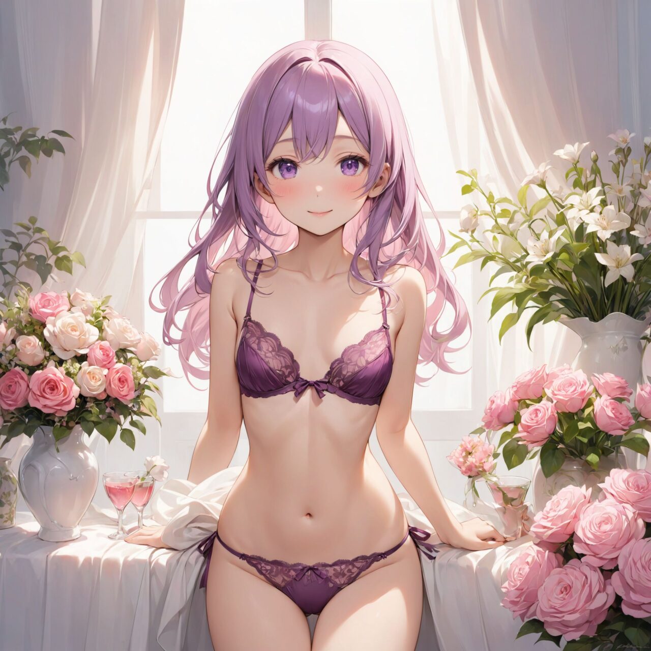 (innocent and pure 12-year-child girl: 1.5), young face, short stature, short, childish, 

Idol smile with a combination of innocence and a hint of sex appeal.

eyes shining with purity, delicate flow of hair, Facing the camera, making eye contact, Soft, natural posture, youthful, graceful shot, "

(Flower shop filled with colorful bouquets and vases),
(Deep violet with neon green highlights loose waves),

A stunning pink silk push-up bra, designed to provide both lift and elegance, with intricate floral lace delicately adorning the cups. The lace flows along the curves of the bra, creating a soft and feminine silhouette. The delicate petals and leaves of the lace pattern mimic the gentle movement of flowers in the wind, adding an ethereal touch to the design. ethereal touch to the design. Paired with matching pink silk bikini panties, the sides of the panties feature the same floral lace, gracefully extending from the waist to the hips, emphasizing the natural curves. A small silk ribbon is tied at the waist, adding a charming accent that complements the overall look. Completing the set is a pink silk camisole, with matching lace trim along the neckline and hem. The camisole drapes softly over the body, with the smooth silk enhancing the feminine silhouette. The soft pink tones and intricate lace details create a cohesive, romantic look, perfect for unwinding after a long day or enjoying a special, intimate evening.?


io buzzing with potential."