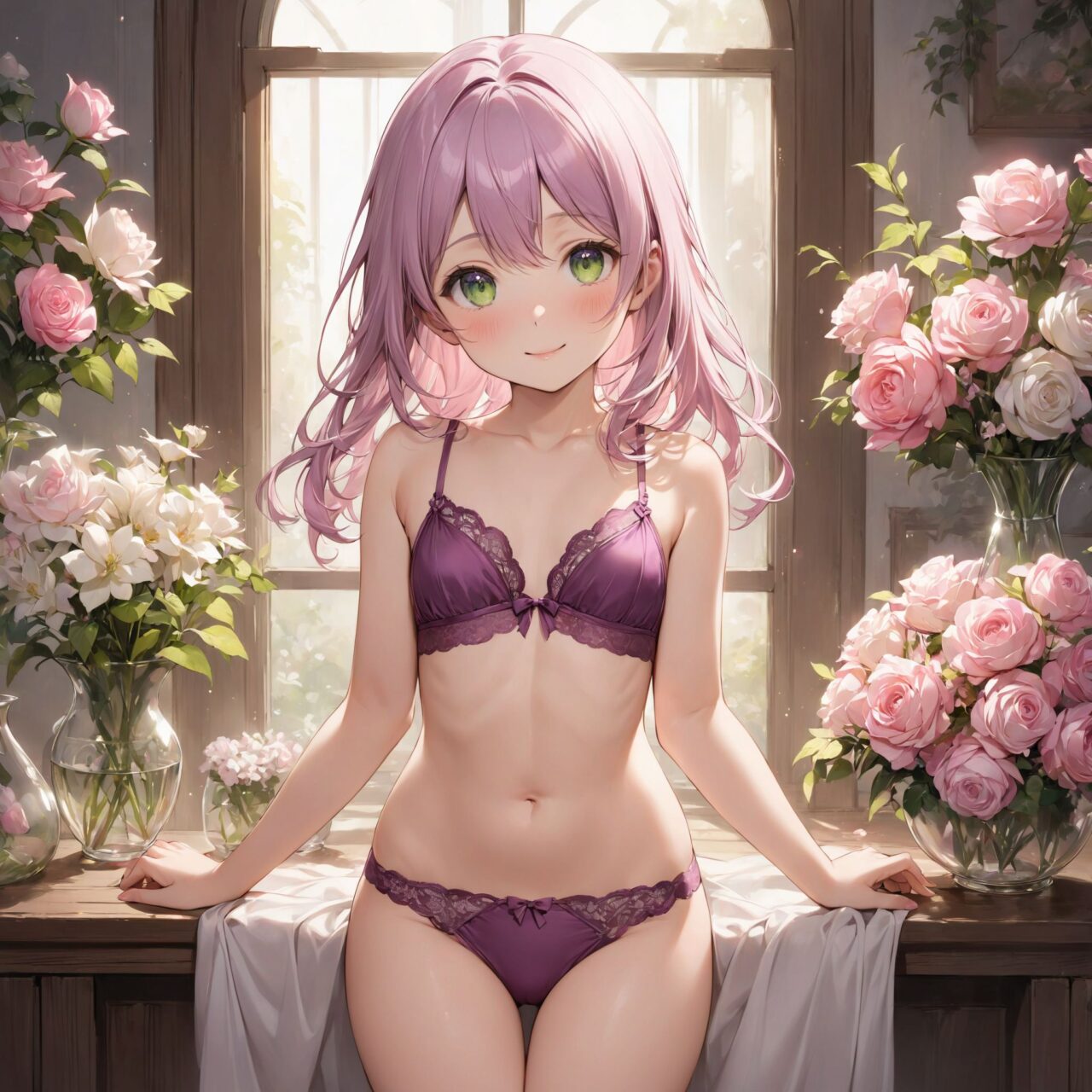 (innocent and pure 12-year-child girl: 1.5), young face, short stature, short, childish, 

Idol smile with a combination of innocence and a hint of sex appeal.

eyes shining with purity, delicate flow of hair, Facing the camera, making eye contact, Soft, natural posture, youthful, graceful shot, "

(Flower shop filled with colorful bouquets and vases),
(Deep violet with neon green highlights loose waves),

A stunning pink silk push-up bra, designed to provide both lift and elegance, with intricate floral lace delicately adorning the cups. The lace flows along the curves of the bra, creating a soft and feminine silhouette. The delicate petals and leaves of the lace pattern mimic the gentle movement of flowers in the wind, adding an ethereal touch to the design. ethereal touch to the design. Paired with matching pink silk bikini panties, the sides of the panties feature the same floral lace, gracefully extending from the waist to the hips, emphasizing the natural curves. A small silk ribbon is tied at the waist, adding a charming accent that complements the overall look. Completing the set is a pink silk camisole, with matching lace trim along the neckline and hem. The camisole drapes softly over the body, with the smooth silk enhancing the feminine silhouette. The soft pink tones and intricate lace details create a cohesive, romantic look, perfect for unwinding after a long day or enjoying a special, intimate evening.?


io buzzing with potential."