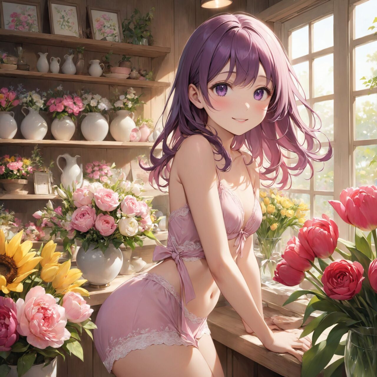 (innocent and pure 12-year-child girl: 1.5), young face, short stature, short, childish, 

Idol smile with a combination of innocence and a hint of sex appeal.

eyes shining with purity, delicate flow of hair, Facing the camera, making eye contact, Soft, natural posture, youthful, graceful shot, "

(Flower shop filled with colorful bouquets and vases),
(Deep violet with neon green highlights loose waves),

A stunning pink silk push-up bra, designed to provide both lift and elegance, with intricate floral lace delicately adorning the cups. The lace flows along the curves of the bra, creating a soft and feminine silhouette. The delicate petals and leaves of the lace pattern mimic the gentle movement of flowers in the wind, adding an ethereal touch to the design. ethereal touch to the design. Paired with matching pink silk bikini panties, the sides of the panties feature the same floral lace, gracefully extending from the waist to the hips, emphasizing the natural curves. A small silk ribbon is tied at the waist, adding a charming accent that complements the overall look. Completing the set is a pink silk camisole, with matching lace trim along the neckline and hem. The camisole drapes softly over the body, with the smooth silk enhancing the feminine silhouette. The soft pink tones and intricate lace details create a cohesive, romantic look, perfect for unwinding after a long day or enjoying a special, intimate evening.?


io buzzing with potential."

Inside a cozy and vibrant flower shop, the air is filled with the sweet, delicate fragrance of fresh blooms. The shop is brimming with color as various bouquets and vases filled with flowers are displayed across the room. Bright sunflowers, delicate roses in shades of red, pink, and white, vibrant tulips, and soft pastel-colored peonies fill the space, creating a stunning visual feast of nature?s beauty. The countertops are lined with flower arrangements, some tied with ribbons, others arranged in elegant glass or ceramic vases.

The walls are adorned with hanging plants and wreaths, adding to the lush, natural atmosphere. Sunlight streams in through the shop's large windows, casting a warm glow over the flowers and creating a sense of warmth and tranquility. The floor is dotted with baskets of freshly cut flowers, and shelves are stocked with small potted plants, each adding their own charm to the space. Behind the counter, a chalkboard menu lists the types of flowers and seasonal arrangements available, giving the shop a cozy, welcoming feel. The room is alive with the gentle rustle of petals and the soft hum of nature?s beauty, offering a peaceful retreat into a world of flowers.