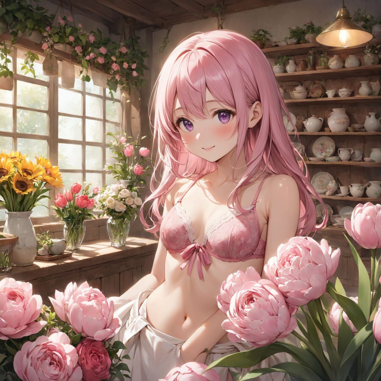 (innocent and pure 12-year-child girl: 1.5), young face, short stature, short, childish, 

Idol smile with a combination of innocence and a hint of sex appeal.

eyes shining with purity, delicate flow of hair, Facing the camera, making eye contact, Soft, natural posture, youthful, graceful shot, "

(Flower shop filled with colorful bouquets and vases),
(Deep violet with neon green highlights loose waves),

A stunning pink silk push-up bra, designed to provide both lift and elegance, with intricate floral lace delicately adorning the cups. The lace flows along the curves of the bra, creating a soft and feminine silhouette. The delicate petals and leaves of the lace pattern mimic the gentle movement of flowers in the wind, adding an ethereal touch to the design. ethereal touch to the design. Paired with matching pink silk bikini panties, the sides of the panties feature the same floral lace, gracefully extending from the waist to the hips, emphasizing the natural curves. A small silk ribbon is tied at the waist, adding a charming accent that complements the overall look. Completing the set is a pink silk camisole, with matching lace trim along the neckline and hem. The camisole drapes softly over the body, with the smooth silk enhancing the feminine silhouette. The soft pink tones and intricate lace details create a cohesive, romantic look, perfect for unwinding after a long day or enjoying a special, intimate evening.?


io buzzing with potential."

Inside a cozy and vibrant flower shop, the air is filled with the sweet, delicate fragrance of fresh blooms. The shop is brimming with color as various bouquets and vases filled with flowers are displayed across the room. Bright sunflowers, delicate roses in shades of red, pink, and white, vibrant tulips, and soft pastel-colored peonies fill the space, creating a stunning visual feast of nature?s beauty. The countertops are lined with flower arrangements, some tied with ribbons, others arranged in elegant glass or ceramic vases.

The walls are adorned with hanging plants and wreaths, adding to the lush, natural atmosphere. Sunlight streams in through the shop's large windows, casting a warm glow over the flowers and creating a sense of warmth and tranquility. The floor is dotted with baskets of freshly cut flowers, and shelves are stocked with small potted plants, each adding their own charm to the space. Behind the counter, a chalkboard menu lists the types of flowers and seasonal arrangements available, giving the shop a cozy, welcoming feel. The room is alive with the gentle rustle of petals and the soft hum of nature?s beauty, offering a peaceful retreat into a world of flowers.