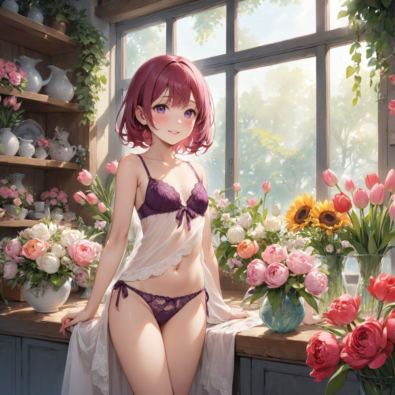 (innocent and pure 12-year-child girl: 1.5), young face, short stature, short, childish, 

Idol smile with a combination of innocence and a hint of sex appeal.

eyes shining with purity, delicate flow of hair, Facing the camera, making eye contact, Soft, natural posture, youthful, graceful shot, "

(Flower shop filled with colorful bouquets and vases),
(Deep violet with neon green highlights loose waves),

A stunning pink silk push-up bra, designed to provide both lift and elegance, with intricate floral lace delicately adorning the cups. The lace flows along the curves of the bra, creating a soft and feminine silhouette. The delicate petals and leaves of the lace pattern mimic the gentle movement of flowers in the wind, adding an ethereal touch to the design. ethereal touch to the design. Paired with matching pink silk bikini panties, the sides of the panties feature the same floral lace, gracefully extending from the waist to the hips, emphasizing the natural curves. A small silk ribbon is tied at the waist, adding a charming accent that complements the overall look. Completing the set is a pink silk camisole, with matching lace trim along the neckline and hem. The camisole drapes softly over the body, with the smooth silk enhancing the feminine silhouette. The soft pink tones and intricate lace details create a cohesive, romantic look, perfect for unwinding after a long day or enjoying a special, intimate evening.?


io buzzing with potential."

Inside a cozy and vibrant flower shop, the air is filled with the sweet, delicate fragrance of fresh blooms. The shop is brimming with color as various bouquets and vases filled with flowers are displayed across the room. Bright sunflowers, delicate roses in shades of red, pink, and white, vibrant tulips, and soft pastel-colored peonies fill the space, creating a stunning visual feast of nature?s beauty. The countertops are lined with flower arrangements, some tied with ribbons, others arranged in elegant glass or ceramic vases.

The walls are adorned with hanging plants and wreaths, adding to the lush, natural atmosphere. Sunlight streams in through the shop's large windows, casting a warm glow over the flowers and creating a sense of warmth and tranquility. The floor is dotted with baskets of freshly cut flowers, and shelves are stocked with small potted plants, each adding their own charm to the space. Behind the counter, a chalkboard menu lists the types of flowers and seasonal arrangements available, giving the shop a cozy, welcoming feel. The room is alive with the gentle rustle of petals and the soft hum of nature?s beauty, offering a peaceful retreat into a world of flowers.