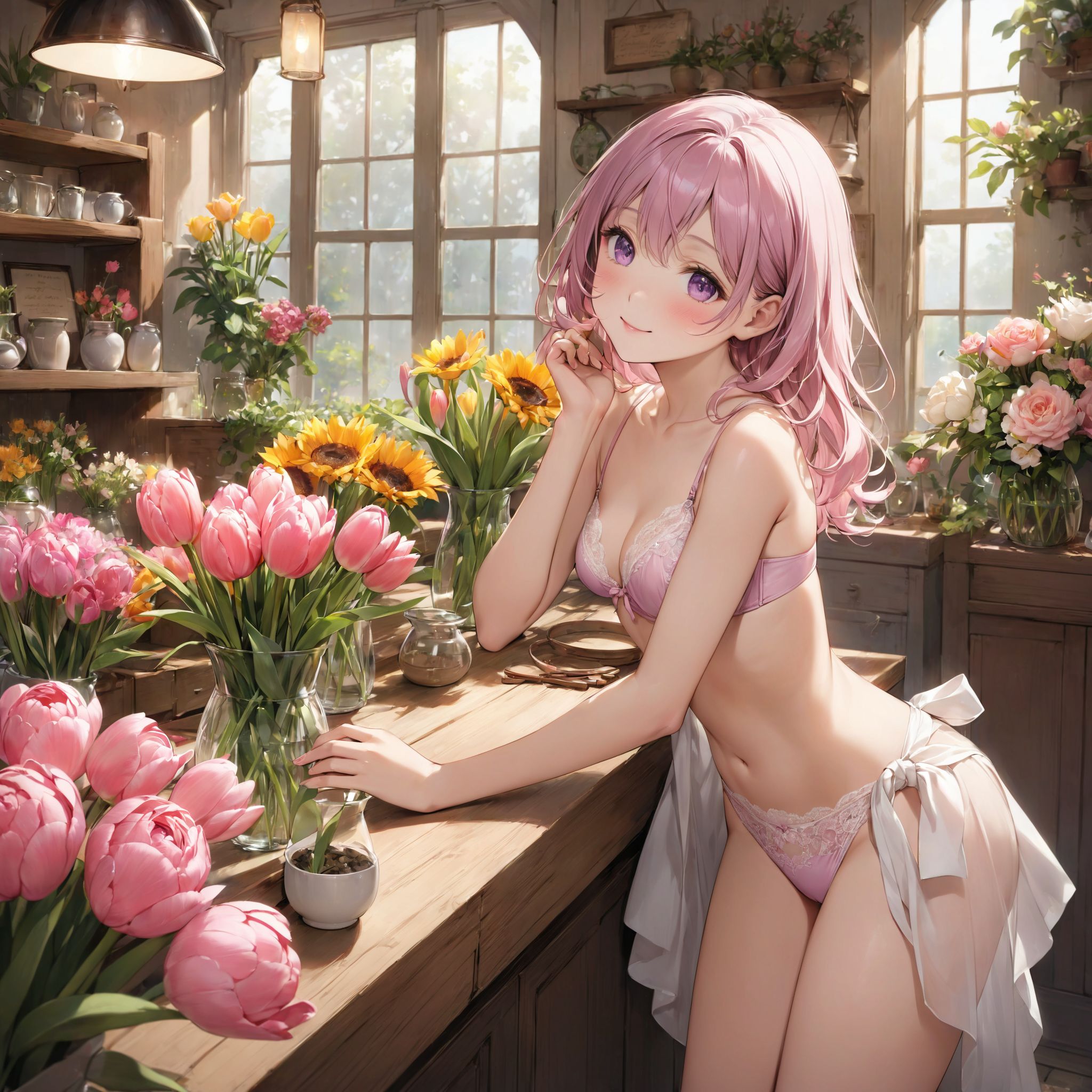 (innocent and pure 12-year-child girl: 1.5), young face, short stature, short, childish, 

Idol smile with a combination of innocence and a hint of sex appeal.

eyes shining with purity, delicate flow of hair, Facing the camera, making eye contact, Soft, natural posture, youthful, graceful shot, "

(Flower shop filled with colorful bouquets and vases),
(Deep violet with neon green highlights loose waves),

A stunning pink silk push-up bra, designed to provide both lift and elegance, with intricate floral lace delicately adorning the cups. The lace flows along the curves of the bra, creating a soft and feminine silhouette. The delicate petals and leaves of the lace pattern mimic the gentle movement of flowers in the wind, adding an ethereal touch to the design. ethereal touch to the design. Paired with matching pink silk bikini panties, the sides of the panties feature the same floral lace, gracefully extending from the waist to the hips, emphasizing the natural curves. A small silk ribbon is tied at the waist, adding a charming accent that complements the overall look. Completing the set is a pink silk camisole, with matching lace trim along the neckline and hem. The camisole drapes softly over the body, with the smooth silk enhancing the feminine silhouette. The soft pink tones and intricate lace details create a cohesive, romantic look, perfect for unwinding after a long day or enjoying a special, intimate evening.?


io buzzing with potential."

Inside a cozy and vibrant flower shop, the air is filled with the sweet, delicate fragrance of fresh blooms. The shop is brimming with color as various bouquets and vases filled with flowers are displayed across the room. Bright sunflowers, delicate roses in shades of red, pink, and white, vibrant tulips, and soft pastel-colored peonies fill the space, creating a stunning visual feast of nature?s beauty. The countertops are lined with flower arrangements, some tied with ribbons, others arranged in elegant glass or ceramic vases.

The walls are adorned with hanging plants and wreaths, adding to the lush, natural atmosphere. Sunlight streams in through the shop's large windows, casting a warm glow over the flowers and creating a sense of warmth and tranquility. The floor is dotted with baskets of freshly cut flowers, and shelves are stocked with small potted plants, each adding their own charm to the space. Behind the counter, a chalkboard menu lists the types of flowers and seasonal arrangements available, giving the shop a cozy, welcoming feel. The room is alive with the gentle rustle of petals and the soft hum of nature?s beauty, offering a peaceful retreat into a world of flowers.