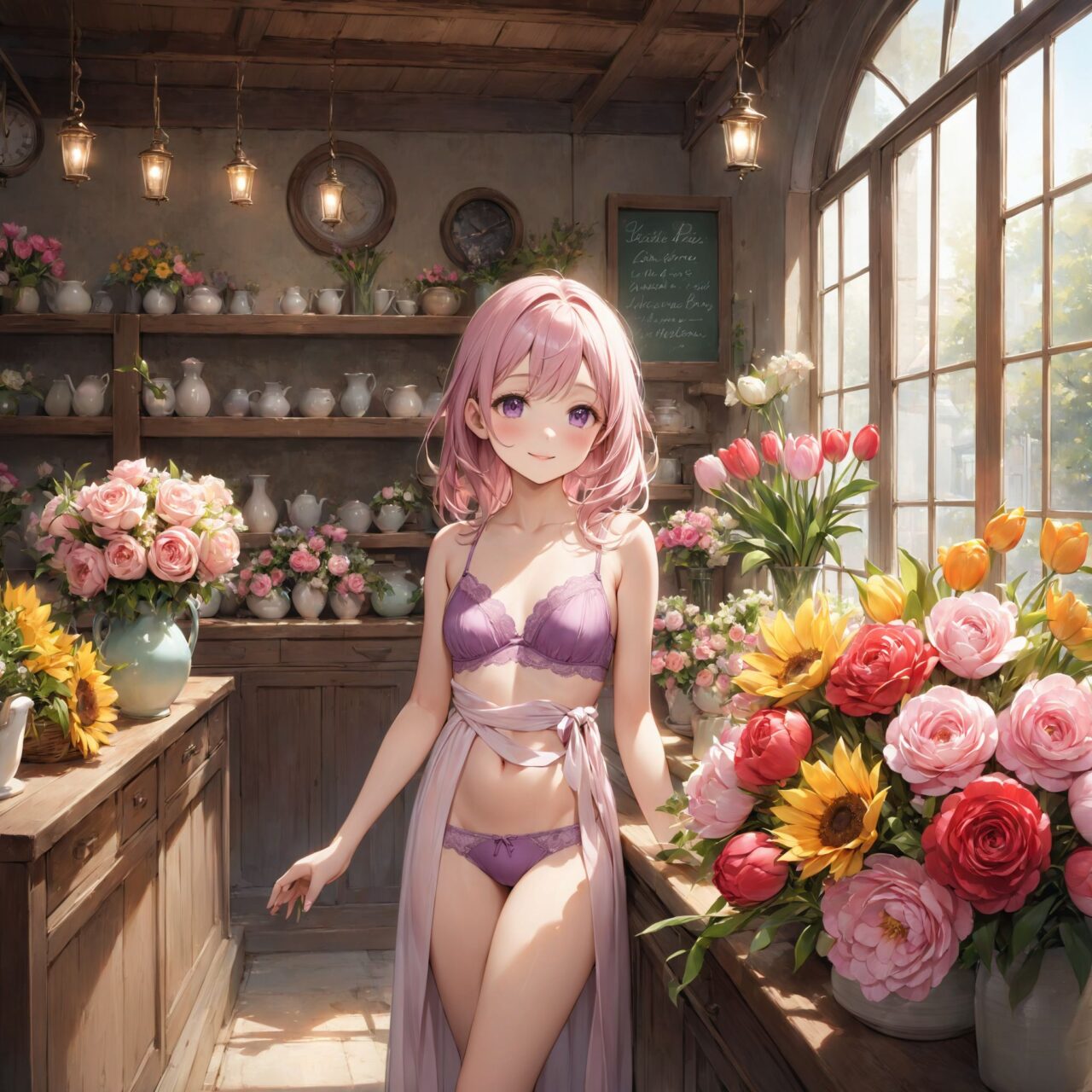 (innocent and pure 12-year-child girl: 1.5), young face, short stature, short, childish, 

Idol smile with a combination of innocence and a hint of sex appeal.

eyes shining with purity, delicate flow of hair, Facing the camera, making eye contact, Soft, natural posture, youthful, graceful shot, "

(Flower shop filled with colorful bouquets and vases),
(Deep violet with neon green highlights loose waves),

A stunning pink silk push-up bra, designed to provide both lift and elegance, with intricate floral lace delicately adorning the cups. The lace flows along the curves of the bra, creating a soft and feminine silhouette. The delicate petals and leaves of the lace pattern mimic the gentle movement of flowers in the wind, adding an ethereal touch to the design. ethereal touch to the design. Paired with matching pink silk bikini panties, the sides of the panties feature the same floral lace, gracefully extending from the waist to the hips, emphasizing the natural curves. A small silk ribbon is tied at the waist, adding a charming accent that complements the overall look. Completing the set is a pink silk camisole, with matching lace trim along the neckline and hem. The camisole drapes softly over the body, with the smooth silk enhancing the feminine silhouette. The soft pink tones and intricate lace details create a cohesive, romantic look, perfect for unwinding after a long day or enjoying a special, intimate evening.?


io buzzing with potential."

Inside a cozy and vibrant flower shop, the air is filled with the sweet, delicate fragrance of fresh blooms. The shop is brimming with color as various bouquets and vases filled with flowers are displayed across the room. Bright sunflowers, delicate roses in shades of red, pink, and white, vibrant tulips, and soft pastel-colored peonies fill the space, creating a stunning visual feast of nature?s beauty. The countertops are lined with flower arrangements, some tied with ribbons, others arranged in elegant glass or ceramic vases.

The walls are adorned with hanging plants and wreaths, adding to the lush, natural atmosphere. Sunlight streams in through the shop's large windows, casting a warm glow over the flowers and creating a sense of warmth and tranquility. The floor is dotted with baskets of freshly cut flowers, and shelves are stocked with small potted plants, each adding their own charm to the space. Behind the counter, a chalkboard menu lists the types of flowers and seasonal arrangements available, giving the shop a cozy, welcoming feel. The room is alive with the gentle rustle of petals and the soft hum of nature?s beauty, offering a peaceful retreat into a world of flowers.