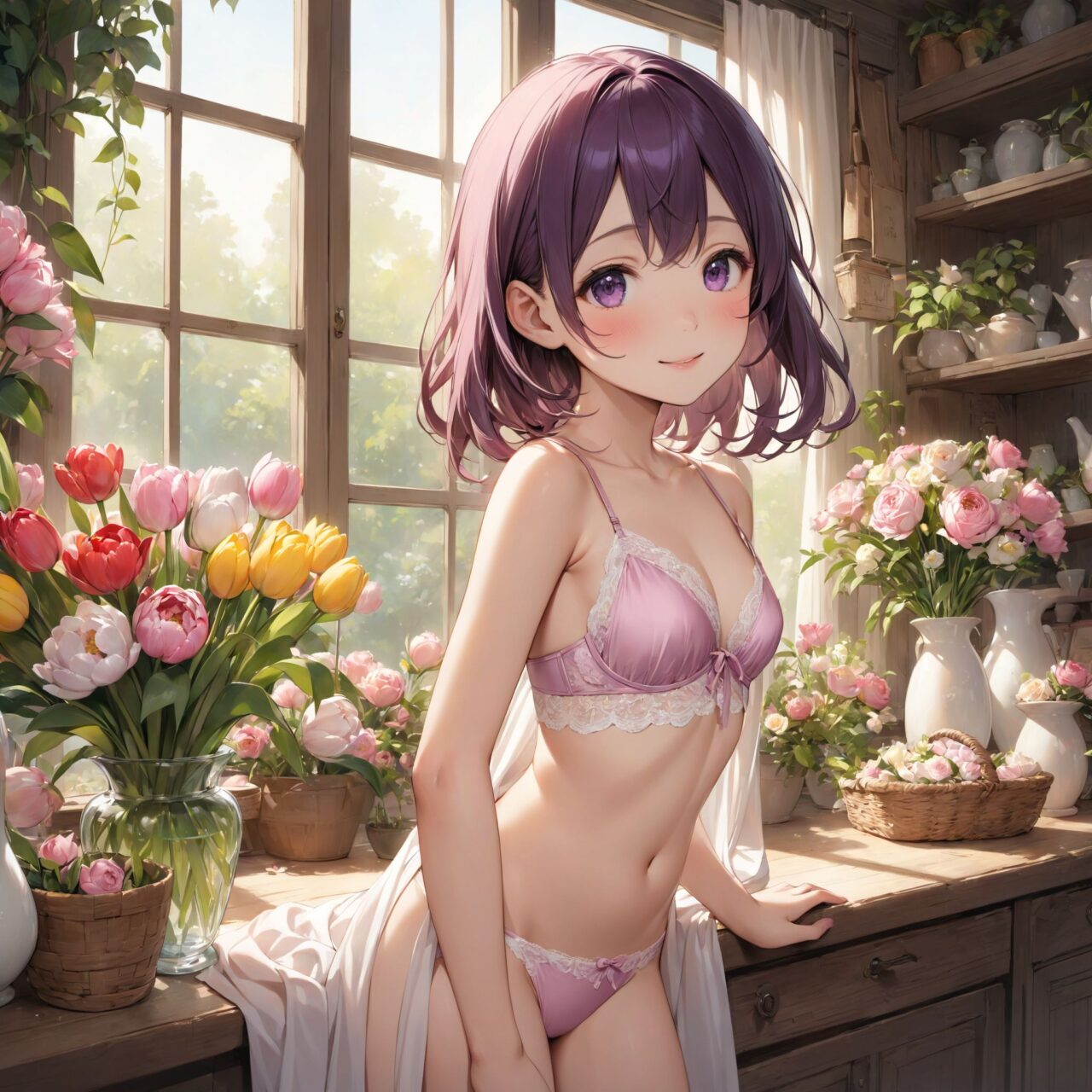 (innocent and pure 12-year-child girl: 1.5), young face, short stature, short, childish, 

Idol smile with a combination of innocence and a hint of sex appeal.

eyes shining with purity, delicate flow of hair, Facing the camera, making eye contact, Soft, natural posture, youthful, graceful shot, "

(Flower shop filled with colorful bouquets and vases),
(Deep violet with neon green highlights loose waves),

A stunning pink silk push-up bra, designed to provide both lift and elegance, with intricate floral lace delicately adorning the cups. The lace flows along the curves of the bra, creating a soft and feminine silhouette. The delicate petals and leaves of the lace pattern mimic the gentle movement of flowers in the wind, adding an ethereal touch to the design. ethereal touch to the design. Paired with matching pink silk bikini panties, the sides of the panties feature the same floral lace, gracefully extending from the waist to the hips, emphasizing the natural curves. A small silk ribbon is tied at the waist, adding a charming accent that complements the overall look. Completing the set is a pink silk camisole, with matching lace trim along the neckline and hem. The camisole drapes softly over the body, with the smooth silk enhancing the feminine silhouette. The soft pink tones and intricate lace details create a cohesive, romantic look, perfect for unwinding after a long day or enjoying a special, intimate evening.?


io buzzing with potential."

Inside a cozy and vibrant flower shop, the air is filled with the sweet, delicate fragrance of fresh blooms. The shop is brimming with color as various bouquets and vases filled with flowers are displayed across the room. Bright sunflowers, delicate roses in shades of red, pink, and white, vibrant tulips, and soft pastel-colored peonies fill the space, creating a stunning visual feast of nature?s beauty. The countertops are lined with flower arrangements, some tied with ribbons, others arranged in elegant glass or ceramic vases.

The walls are adorned with hanging plants and wreaths, adding to the lush, natural atmosphere. Sunlight streams in through the shop's large windows, casting a warm glow over the flowers and creating a sense of warmth and tranquility. The floor is dotted with baskets of freshly cut flowers, and shelves are stocked with small potted plants, each adding their own charm to the space. Behind the counter, a chalkboard menu lists the types of flowers and seasonal arrangements available, giving the shop a cozy, welcoming feel. The room is alive with the gentle rustle of petals and the soft hum of nature?s beauty, offering a peaceful retreat into a world of flowers.