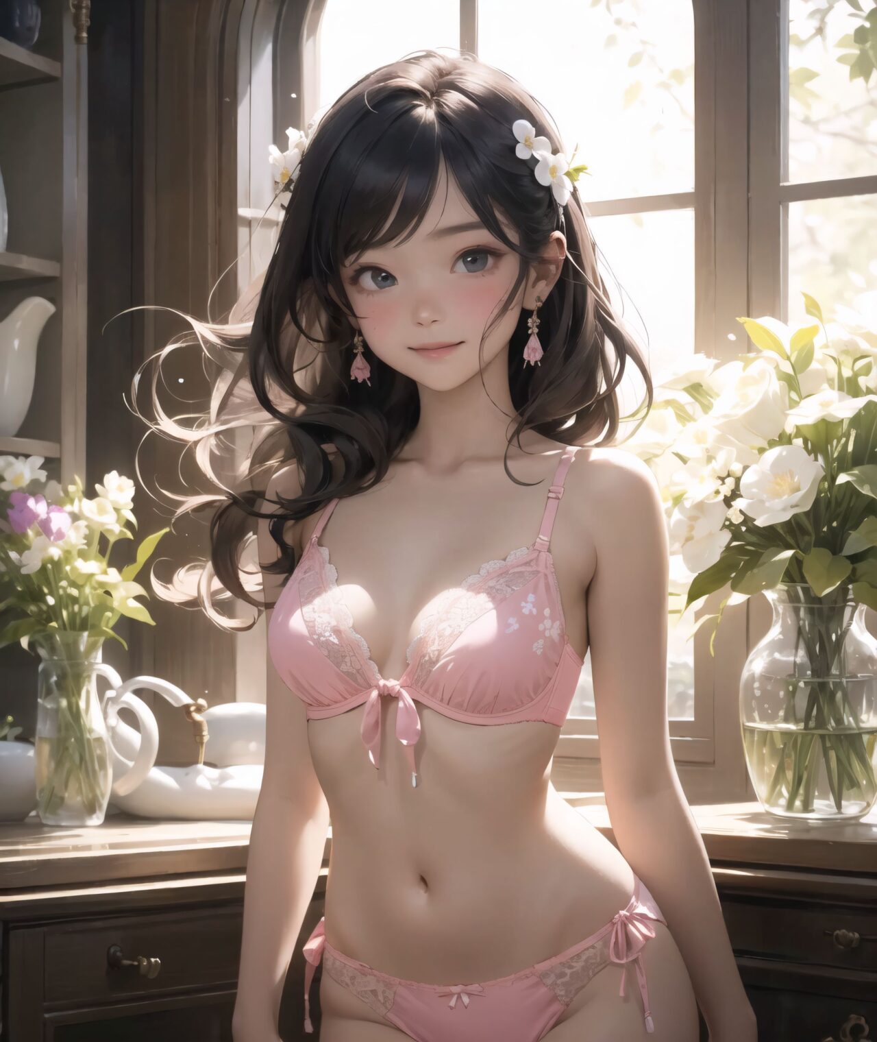 (innocent and pure 12-year-child girl: 1.5), young face, short stature, short, childish, 

Idol smile with a combination of innocence and a hint of sex appeal.

eyes shining with purity, delicate flow of hair, Facing the camera, making eye contact, Soft, natural posture, youthful, graceful shot, "

(Flower shop filled with colorful bouquets and vases),
(Deep violet with neon green highlights loose waves),

A stunning pink silk push-up bra, designed to provide both lift and elegance, with intricate floral lace delicately adorning the cups. The lace flows along the curves of the bra, creating a soft and feminine silhouette. The delicate petals and leaves of the lace pattern mimic the gentle movement of flowers in the wind, adding an ethereal touch to the design. ethereal touch to the design. Paired with matching pink silk bikini panties, the sides of the panties feature the same floral lace, gracefully extending from the waist to the hips, emphasizing the natural curves. A small silk ribbon is tied at the waist, adding a charming accent that complements the overall look. Completing the set is a pink silk camisole, with matching lace trim along the neckline and hem. The camisole drapes softly over the body, with the smooth silk enhancing the feminine silhouette. The soft pink tones and intricate lace details create a cohesive, romantic look, perfect for unwinding after a long day or enjoying a special, intimate evening.?


io buzzing with potential."