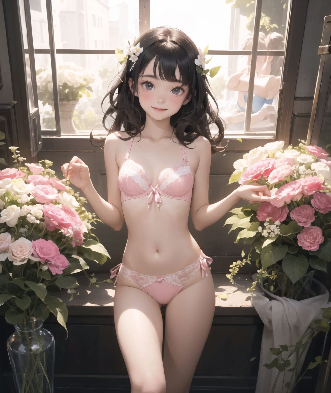 (innocent and pure 12-year-child girl: 1.5), young face, short stature, short, childish, 

Idol smile with a combination of innocence and a hint of sex appeal.

eyes shining with purity, delicate flow of hair, Facing the camera, making eye contact, Soft, natural posture, youthful, graceful shot, "

(Flower shop filled with colorful bouquets and vases),
(Deep violet with neon green highlights loose waves),

A stunning pink silk push-up bra, designed to provide both lift and elegance, with intricate floral lace delicately adorning the cups. The lace flows along the curves of the bra, creating a soft and feminine silhouette. The delicate petals and leaves of the lace pattern mimic the gentle movement of flowers in the wind, adding an ethereal touch to the design. ethereal touch to the design. Paired with matching pink silk bikini panties, the sides of the panties feature the same floral lace, gracefully extending from the waist to the hips, emphasizing the natural curves. A small silk ribbon is tied at the waist, adding a charming accent that complements the overall look. Completing the set is a pink silk camisole, with matching lace trim along the neckline and hem. The camisole drapes softly over the body, with the smooth silk enhancing the feminine silhouette. The soft pink tones and intricate lace details create a cohesive, romantic look, perfect for unwinding after a long day or enjoying a special, intimate evening.?


io buzzing with potential."