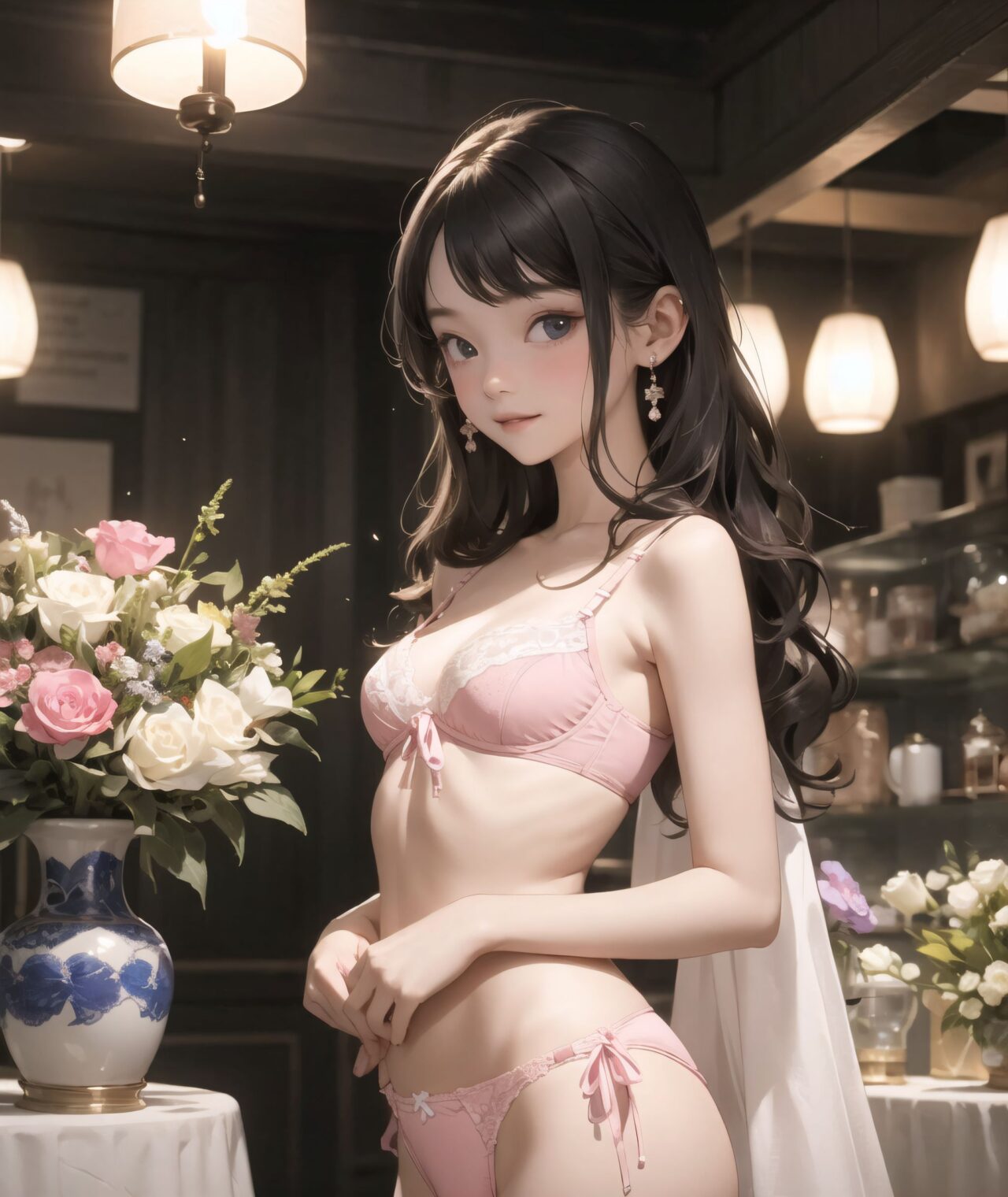 (innocent and pure 12-year-child girl: 1.5), young face, short stature, short, childish, 

Idol smile with a combination of innocence and a hint of sex appeal.

eyes shining with purity, delicate flow of hair, Facing the camera, making eye contact, Soft, natural posture, youthful, graceful shot, "

(Flower shop filled with colorful bouquets and vases),
(Deep violet with neon green highlights loose waves),

A stunning pink silk push-up bra, designed to provide both lift and elegance, with intricate floral lace delicately adorning the cups. The lace flows along the curves of the bra, creating a soft and feminine silhouette. The delicate petals and leaves of the lace pattern mimic the gentle movement of flowers in the wind, adding an ethereal touch to the design. ethereal touch to the design. Paired with matching pink silk bikini panties, the sides of the panties feature the same floral lace, gracefully extending from the waist to the hips, emphasizing the natural curves. A small silk ribbon is tied at the waist, adding a charming accent that complements the overall look. Completing the set is a pink silk camisole, with matching lace trim along the neckline and hem. The camisole drapes softly over the body, with the smooth silk enhancing the feminine silhouette. The soft pink tones and intricate lace details create a cohesive, romantic look, perfect for unwinding after a long day or enjoying a special, intimate evening.?


io buzzing with potential."