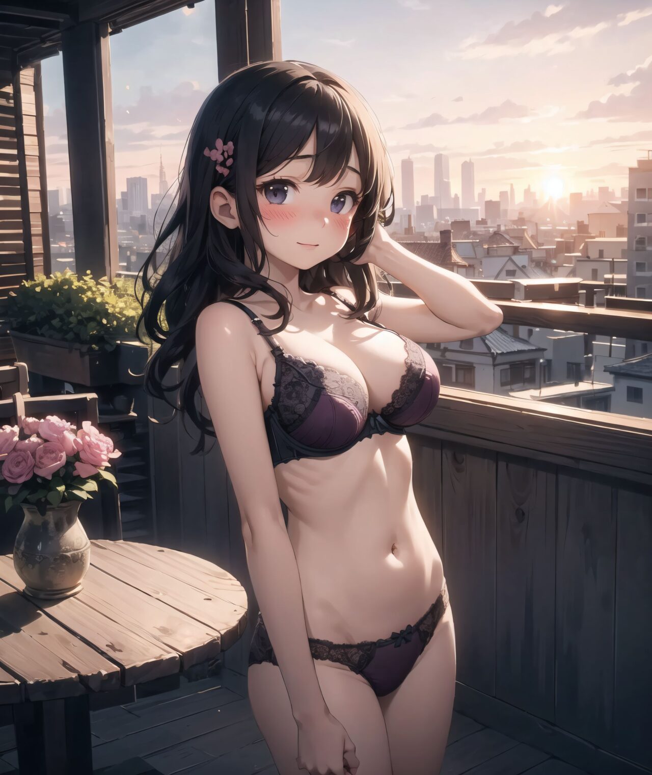 (innocent and pure 12-year-child girl: 1.8), 
very detailed facial texture, fine particles, very shy, kawaii, kind eyes,
((young face, short stature, short, childish):1.7), 
(Idol smile with a combination of innocence and a hint of sex appeal):1.3,
((big breasts that look like they're about to fall out of the bra):1.5),
nice body, (large breasts: 1.2), slightly large buttocks, cute girl with a perfect style,

(very shy and blushing expression: 1.7),
full body, staring at me,
beautiful skin, intricate details, see-through material underwear, intricate embroidery, sense of depth, delicate edges, artistic realism, smooth,




eyes shining with purity, delicate flow of hair, Facing the camera, making eye contact, Soft, natural posture, youthful, graceful shot, "

(Romantic balcony overlooking a city at sunset),
(Deep violet with neon green highlights loose waves),

A stunning pink silk push-up bra, designed to provide both lift and elegance, with intricate floral lace delicately adorning the cups. The lace flows along the curves of the bra, creating a soft and feminine silhouette. The delicate petals and leaves of the lace pattern mimic the gentle movement of flowers in the wind, adding an ethereal touch to the design. ethereal touch to the design. Paired with matching pink silk bikini panties, the sides of the panties feature the same floral lace, gracefully extending from the waist to the hips, emphasizing the natural curves. A small silk ribbon is tied at the waist, adding a charming accent that complements the overall look. Completing the set is a pink silk camisole, with matching lace trim along the neckline and hem. The camisole drapes softly over the body, with the smooth silk enhancing the feminine silhouette. The soft pink tones and intricate lace details create a cohesive, romantic look, perfect for unwinding after a long day or enjoying a special, intimate evening.?




"On a romantic balcony overlooking a beautiful city at sunset, the sky is awash with shades of pink, orange, and purple as the sun dips below the horizon. The soft glow of the setting sun reflects off the city?s rooftops and windows, casting long shadows and bathing the streets in a warm, golden light. The balcony itself is adorned with intricate wrought-iron railings, and a small table with two chairs sits near the edge, set for a quiet evening. Delicate flowers in pots and climbing vines decorate the space, adding a touch of nature to the urban view.

Below, the city is alive with the soft hum of activity, the distant sound of cars and people mingling with the cool evening breeze. Streetlights begin to flicker on, their warm glow adding to the peaceful ambiance. In the distance, the silhouettes of tall buildings and church spires are visible against the vibrant sunset sky. The air is filled with a gentle warmth, the perfect moment for a romantic evening, where time seems to slow down, and the view from the balcony feels like a private escape from the world."