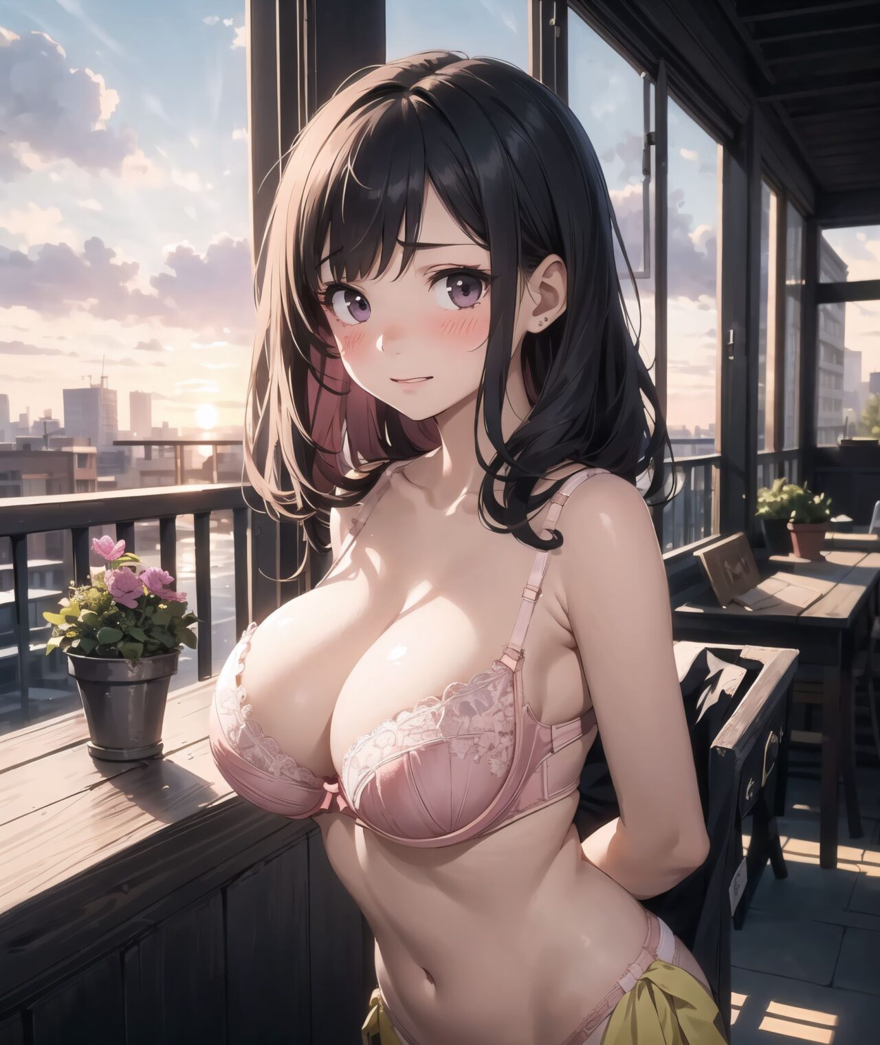 (innocent and pure 12-year-child girl: 1.8), 
very detailed facial texture, fine particles, very shy, kawaii, kind eyes,
((young face, short stature, short, childish):1.7), 
(Idol smile with a combination of innocence and a hint of sex appeal):1.3,
((big breasts that look like they're about to fall out of the bra):1.5),
nice body, (large breasts: 1.2), slightly large buttocks, cute girl with a perfect style,

(very shy and blushing expression: 1.7),
full body, staring at me,
beautiful skin, intricate details, see-through material underwear, intricate embroidery, sense of depth, delicate edges, artistic realism, smooth,




eyes shining with purity, delicate flow of hair, Facing the camera, making eye contact, Soft, natural posture, youthful, graceful shot, "

(Romantic balcony overlooking a city at sunset),
(Deep violet with neon green highlights loose waves),

A stunning pink silk push-up bra, designed to provide both lift and elegance, with intricate floral lace delicately adorning the cups. The lace flows along the curves of the bra, creating a soft and feminine silhouette. The delicate petals and leaves of the lace pattern mimic the gentle movement of flowers in the wind, adding an ethereal touch to the design. ethereal touch to the design. Paired with matching pink silk bikini panties, the sides of the panties feature the same floral lace, gracefully extending from the waist to the hips, emphasizing the natural curves. A small silk ribbon is tied at the waist, adding a charming accent that complements the overall look. Completing the set is a pink silk camisole, with matching lace trim along the neckline and hem. The camisole drapes softly over the body, with the smooth silk enhancing the feminine silhouette. The soft pink tones and intricate lace details create a cohesive, romantic look, perfect for unwinding after a long day or enjoying a special, intimate evening.?




"On a romantic balcony overlooking a beautiful city at sunset, the sky is awash with shades of pink, orange, and purple as the sun dips below the horizon. The soft glow of the setting sun reflects off the city?s rooftops and windows, casting long shadows and bathing the streets in a warm, golden light. The balcony itself is adorned with intricate wrought-iron railings, and a small table with two chairs sits near the edge, set for a quiet evening. Delicate flowers in pots and climbing vines decorate the space, adding a touch of nature to the urban view.

Below, the city is alive with the soft hum of activity, the distant sound of cars and people mingling with the cool evening breeze. Streetlights begin to flicker on, their warm glow adding to the peaceful ambiance. In the distance, the silhouettes of tall buildings and church spires are visible against the vibrant sunset sky. The air is filled with a gentle warmth, the perfect moment for a romantic evening, where time seems to slow down, and the view from the balcony feels like a private escape from the world."