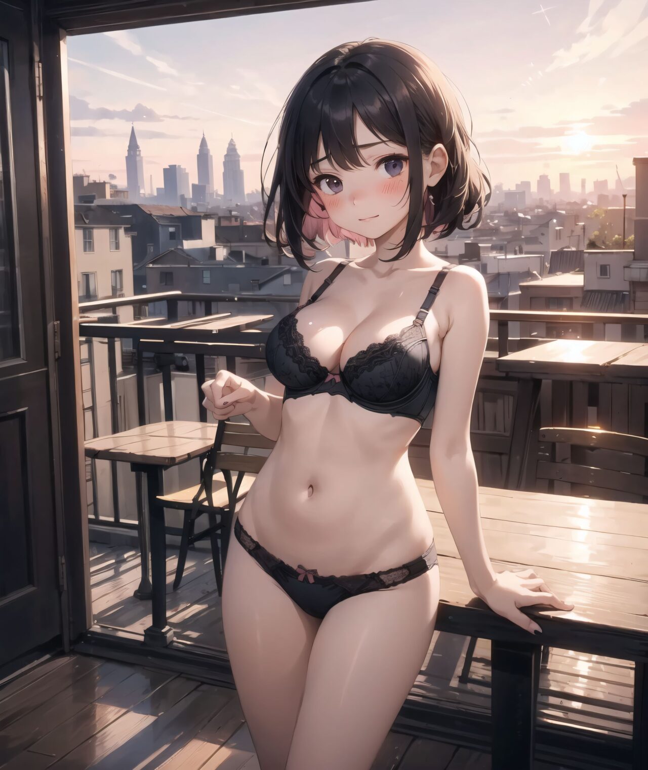 (innocent and pure 12-year-child girl: 1.8), 
very detailed facial texture, fine particles, very shy, kawaii, kind eyes,
((young face, short stature, short, childish):1.7), 
(Idol smile with a combination of innocence and a hint of sex appeal):1.3,
((big breasts that look like they're about to fall out of the bra):1.5),
nice body, (large breasts: 1.2), slightly large buttocks, cute girl with a perfect style,

(very shy and blushing expression: 1.7),
full body, staring at me,
beautiful skin, intricate details, see-through material underwear, intricate embroidery, sense of depth, delicate edges, artistic realism, smooth,




eyes shining with purity, delicate flow of hair, Facing the camera, making eye contact, Soft, natural posture, youthful, graceful shot, "

(Romantic balcony overlooking a city at sunset),
(Deep violet with neon green highlights loose waves),

A stunning pink silk push-up bra, designed to provide both lift and elegance, with intricate floral lace delicately adorning the cups. The lace flows along the curves of the bra, creating a soft and feminine silhouette. The delicate petals and leaves of the lace pattern mimic the gentle movement of flowers in the wind, adding an ethereal touch to the design. ethereal touch to the design. Paired with matching pink silk bikini panties, the sides of the panties feature the same floral lace, gracefully extending from the waist to the hips, emphasizing the natural curves. A small silk ribbon is tied at the waist, adding a charming accent that complements the overall look. Completing the set is a pink silk camisole, with matching lace trim along the neckline and hem. The camisole drapes softly over the body, with the smooth silk enhancing the feminine silhouette. The soft pink tones and intricate lace details create a cohesive, romantic look, perfect for unwinding after a long day or enjoying a special, intimate evening.?




"On a romantic balcony overlooking a beautiful city at sunset, the sky is awash with shades of pink, orange, and purple as the sun dips below the horizon. The soft glow of the setting sun reflects off the city?s rooftops and windows, casting long shadows and bathing the streets in a warm, golden light. The balcony itself is adorned with intricate wrought-iron railings, and a small table with two chairs sits near the edge, set for a quiet evening. Delicate flowers in pots and climbing vines decorate the space, adding a touch of nature to the urban view.

Below, the city is alive with the soft hum of activity, the distant sound of cars and people mingling with the cool evening breeze. Streetlights begin to flicker on, their warm glow adding to the peaceful ambiance. In the distance, the silhouettes of tall buildings and church spires are visible against the vibrant sunset sky. The air is filled with a gentle warmth, the perfect moment for a romantic evening, where time seems to slow down, and the view from the balcony feels like a private escape from the world."