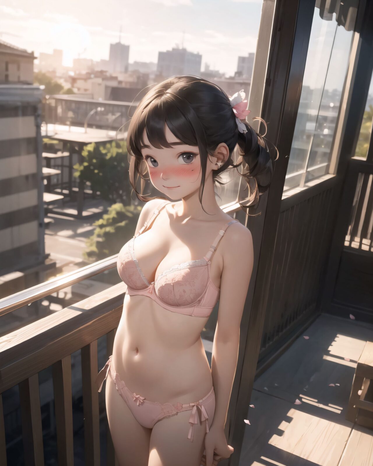 (innocent and pure 12-year-child girl: 1.8), 
very detailed facial texture, fine particles, very shy, kawaii, kind eyes,
((young face, short stature, short, childish):1.7), 
(Idol smile with a combination of innocence and a hint of sex appeal):1.3,
((big breasts that look like they're about to fall out of the bra):1.5),
nice body, (large breasts: 1.2), slightly large buttocks, cute girl with a perfect style,

(very shy and blushing expression: 1.7),
full body, staring at me,
beautiful skin, intricate details, see-through material underwear, intricate embroidery, sense of depth, delicate edges, artistic realism, smooth,




eyes shining with purity, delicate flow of hair, Facing the camera, making eye contact, Soft, natural posture, youthful, graceful shot, "

(Romantic balcony overlooking a city at sunset),
(Deep violet with neon green highlights loose waves),

A stunning pink silk push-up bra, designed to provide both lift and elegance, with intricate floral lace delicately adorning the cups. The lace flows along the curves of the bra, creating a soft and feminine silhouette. The delicate petals and leaves of the lace pattern mimic the gentle movement of flowers in the wind, adding an ethereal touch to the design. ethereal touch to the design. Paired with matching pink silk bikini panties, the sides of the panties feature the same floral lace, gracefully extending from the waist to the hips, emphasizing the natural curves. A small silk ribbon is tied at the waist, adding a charming accent that complements the overall look. Completing the set is a pink silk camisole, with matching lace trim along the neckline and hem. The camisole drapes softly over the body, with the smooth silk enhancing the feminine silhouette. The soft pink tones and intricate lace details create a cohesive, romantic look, perfect for unwinding after a long day or enjoying a special, intimate evening.?