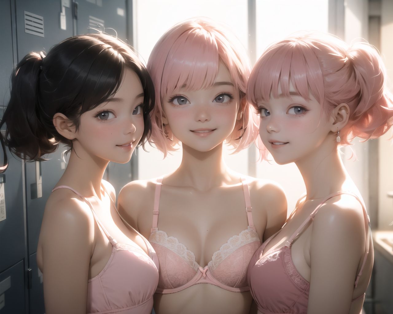 (masterpiece:1.3), (best quality:1.3),
(3 girls:1.8),(solo:-1.5),(cute girls:1.2),kawaii,(14 years old:1.3),
the way the girls are enjoying themselves by touching each other's chests,

light pink eyes,beautiful detailed eyes,
(baby face:1.4),
(smile:1.4),blush,(soft and smooth skin:1.2),(oily skin:1.2),
(medium breasts:1.2),
pink hair,(pink colored lob cut:1.6),wavy hair,(sidelocks:1.2),(twintails:1.2),
beautiful hair,


bra, cleavage,




bright white interior lighting locker room, light coming in from the window, white interior locker room,



(upper body:1.2),

BREAK

concept art,
texture,Exquisite and beautiful backgrounds,
absolutely resolution, ultra detaile,intricate,
(8k:1.3),CG, unity , 2k wallpaper,absurdres,