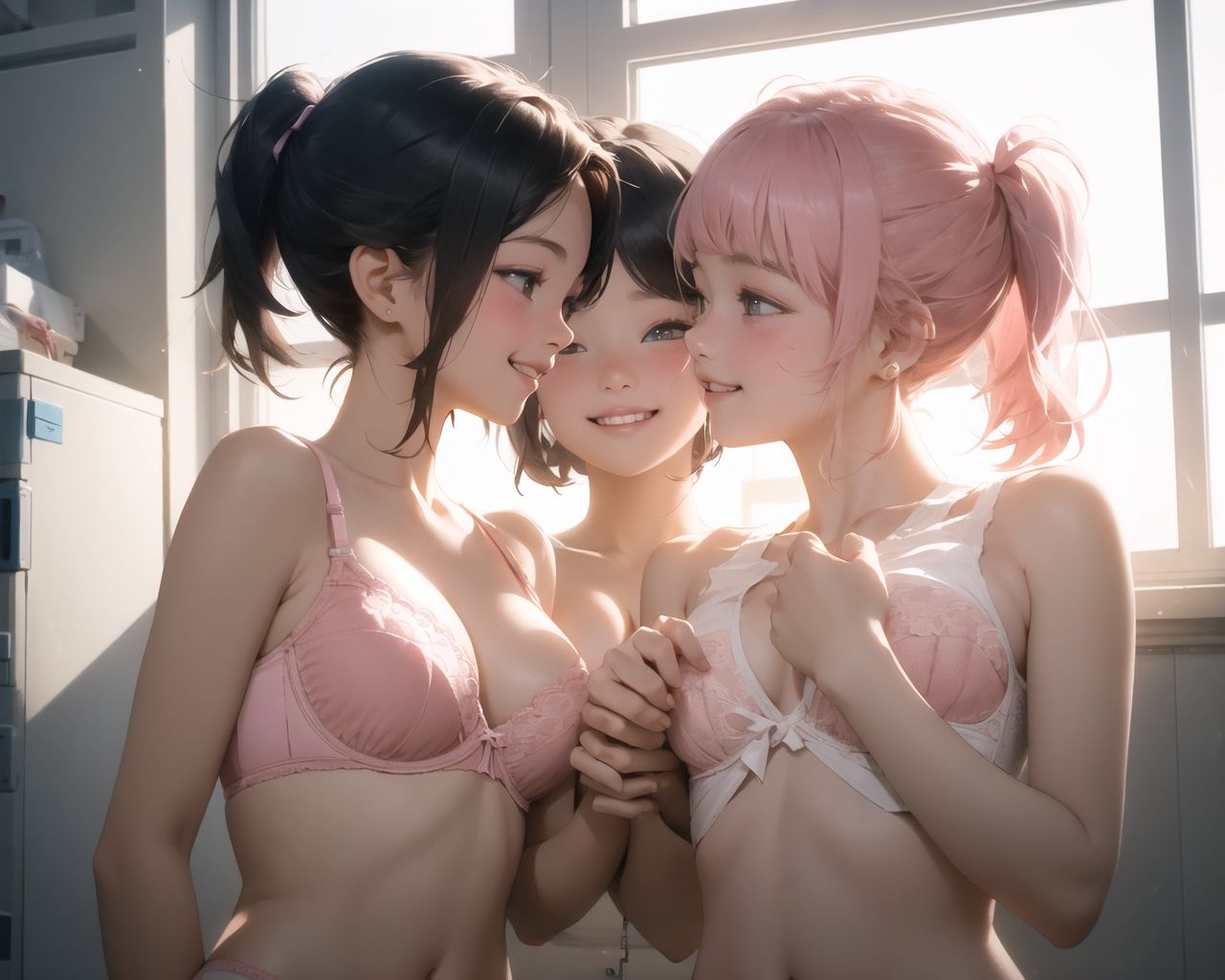 (masterpiece:1.3), (best quality:1.3),
(3 girls:1.8),(solo:-1.5),(cute girls:1.2),kawaii,(14 years old:1.3),
(the way the girls are enjoying themselves by touching each other's chests:1.7),

light pink eyes,beautiful detailed eyes,
(baby face:1.4),
(smile:1.4),blush,(soft and smooth skin:1.2),(oily skin:1.2),
(medium breasts:1.2),
pink hair,(pink colored lob cut:1.6),wavy hair,(sidelocks:1.2),(twintails:1.2),
beautiful hair,


bra, cleavage,
bright white interior lighting locker room, light coming in from the window, white interior locker room,



(upper body:1.2),

BREAK

concept art,
texture,Exquisite and beautiful backgrounds,
absolutely resolution, ultra detaile,intricate,
(8k:1.3),CG, unity , 2k wallpaper,absurdres,