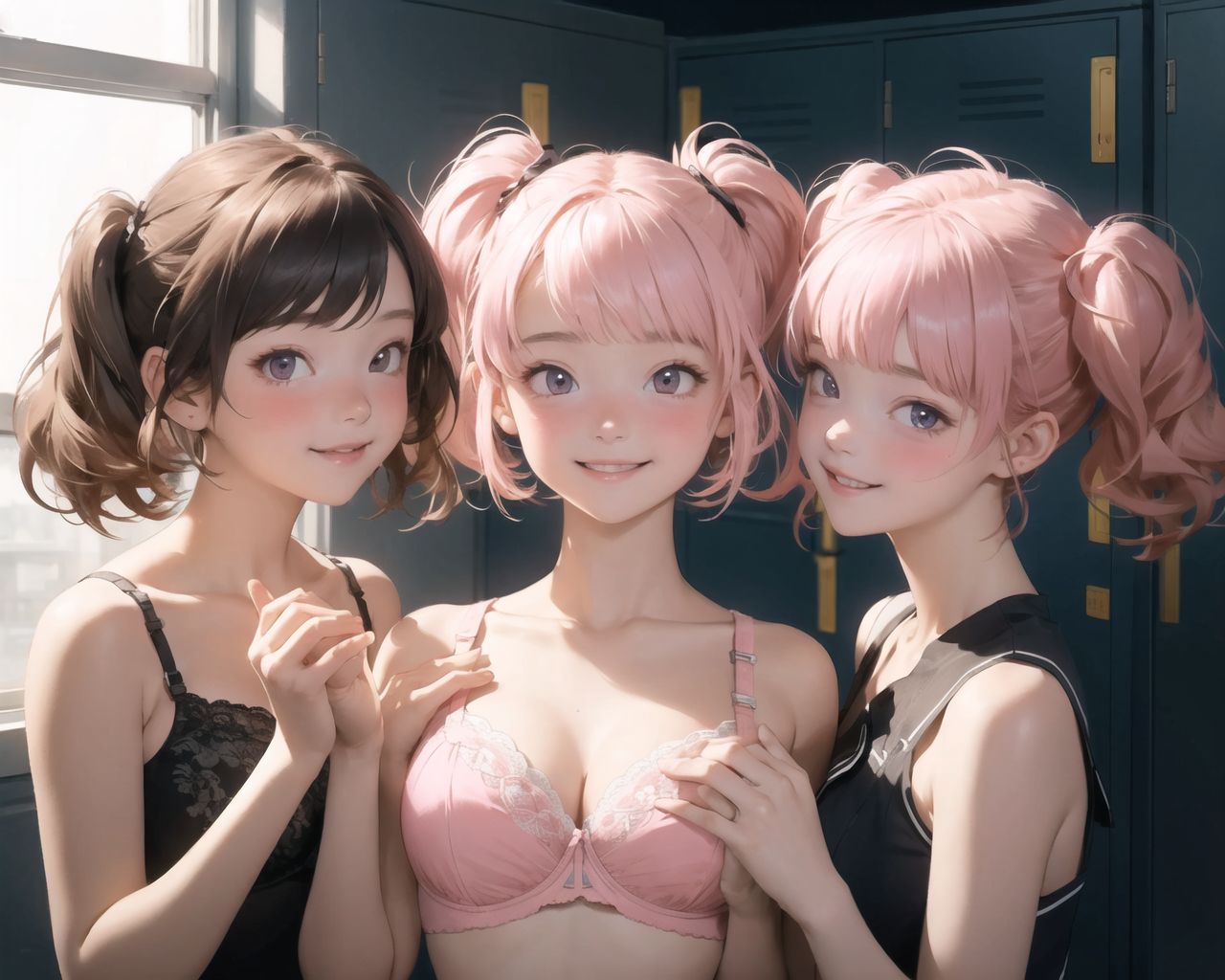 (masterpiece:1.3), (best quality:1.3),
(3 girls:1.8),(solo:-1.5),(cute girls:1.2),kawaii,(14 years old:1.3),

(lift up own breasts by hand:1.7),

light pink eyes,beautiful detailed eyes,
(baby face:1.4),
(smile:1.4),blush,(soft and smooth skin:1.2),(oily skin:1.2),
(medium breasts:1.2),
pink hair,(pink colored lob cut:1.6),wavy hair,(sidelocks:1.2),(twintails:1.2),
beautiful hair,


bra, cleavage,
bright white interior lighting locker room, light coming in from the window, white interior locker room,



(upper body:1.2),

BREAK

concept art,
texture,Exquisite and beautiful backgrounds,
absolutely resolution, ultra detaile,intricate,
(8k:1.3),CG, unity , 2k wallpaper,absurdres,