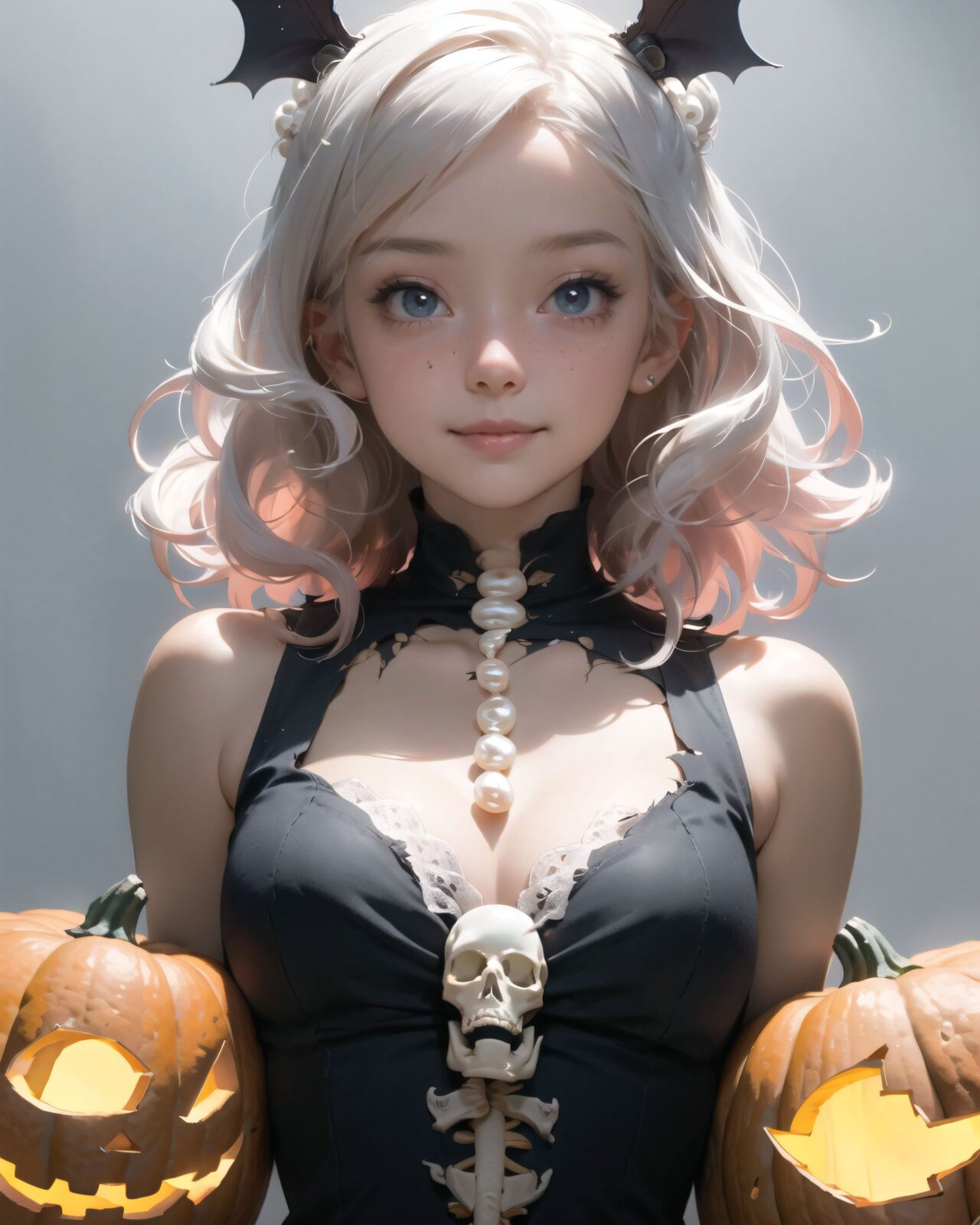 (The girl's Halloween costume is torn and her underwear is showing.
She is embarrassed and blushing,
pumpkins, bats, skeletons:1.3),

Innocent pure and charming 16-year-old girl, (upper body shot:1.6),(front light:1.6),
Innocent, youthful expression, gentle smile, shy demeanour,

Embarrassed Idol smile,
A face that is alluring and inviting

dark deep Blue green eyes, shining with purity,
pink-hair, stylish short cut, delicate flow of hair, 

Facing the camera, making eye contact, embodying childlike wonder, 

Soft, natural posture, youthful, graceful shot, 


flirtatious eyes expression,, an ideal blend of innocence and enchantment, 
Embodies the popular kawaii girl,
Elements of Lolita fashion, fresh and pure poses, exuding natural charm, 


The low angle emphasises her kawaii and highlights the fine textures of her hair and clothes, 
Natural light casts soft shadows and highlights the contours of her youthful face, 




Bringing her into sharp focus, 
High resolution, detailed graphics, 
(vivid colors), professional quality,


Ultra-high resolution, capturing every detail from individual strands of hair to the intricate fabrics of her costume,
Professional-grade clarity and contrast bring the vibrant colours to life,


(moles:-1.1),(spot on the skin:-1.2),(freckles:-1.3),(hand:-1.4),

(front face lighting:1.8), 
close-up shot,
(pearl gray background:1.5),