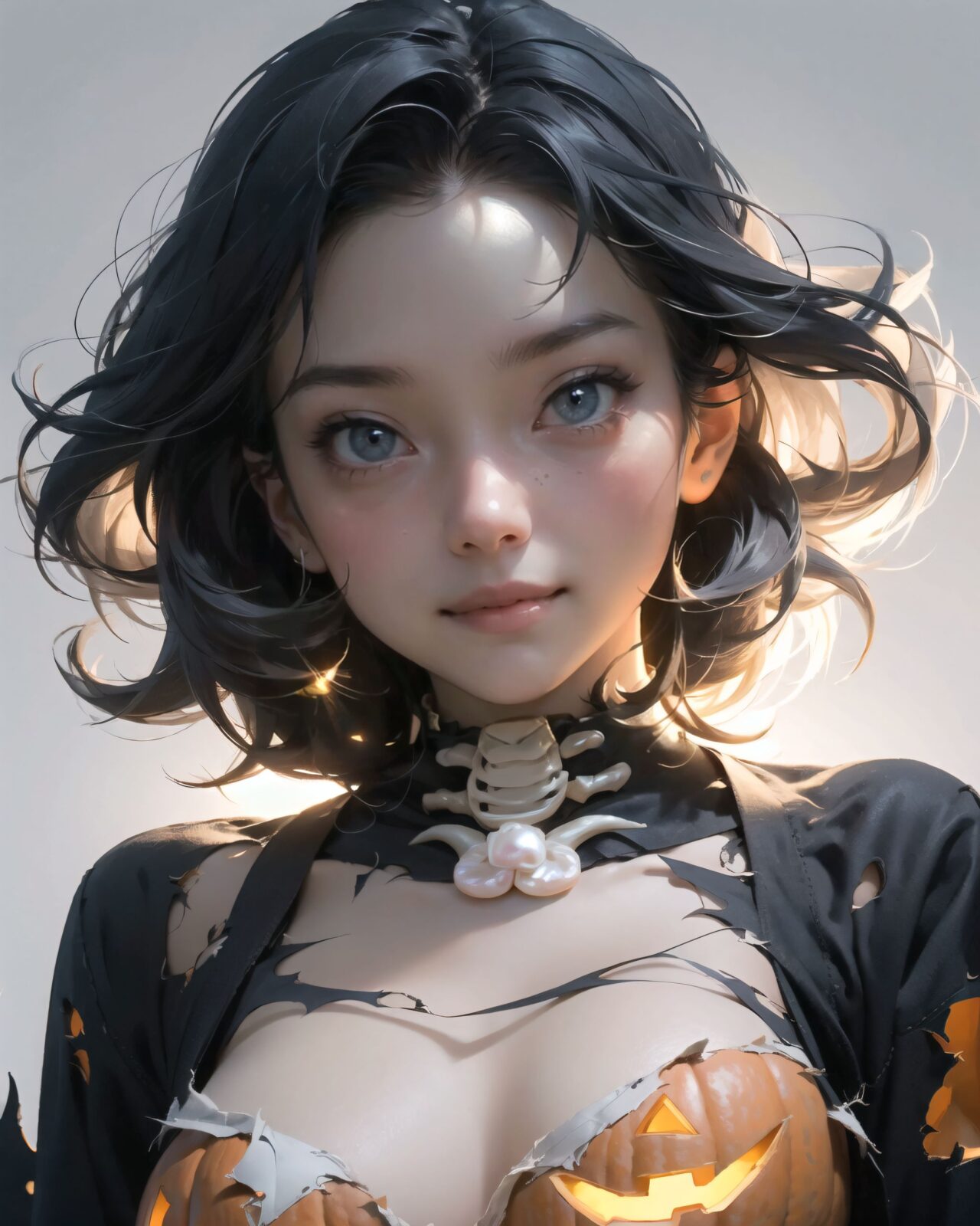 (The girl's Halloween costume is torn and her underwear is showing.
She is embarrassed and blushing,
pumpkins, bats, skeletons:1.3),



Bringing her into sharp focus, 
High resolution, detailed graphics, 
(vivid colors), professional quality,


Ultra-high resolution, capturing every detail from individual strands of hair to the intricate fabrics of her costume,
Professional-grade clarity and contrast bring the vibrant colours to life,


(moles:-1.1),(spot on the skin:-1.2),(freckles:-1.3),(hand:-1.4),

(front face lighting:1.8), 
close-up shot,
(pearl gray background:1.5),