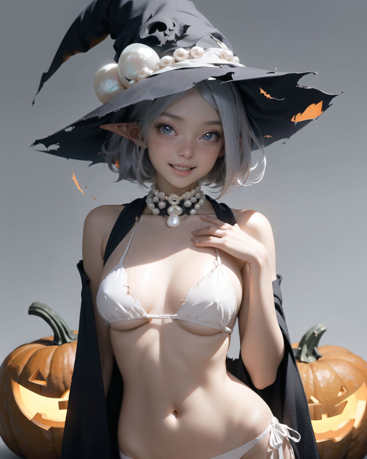 (The girl's Halloween costume is torn and her underwear is showing.
She is embarrassed and blushing,
pumpkins, bats, skeletons:1.3),



Bringing her into sharp focus, 
High resolution, detailed graphics, 
(vivid colors), professional quality,


Ultra-high resolution, capturing every detail from individual strands of hair to the intricate fabrics of her costume,
Professional-grade clarity and contrast bring the vibrant colours to life,


(moles:-1.1),(spot on the skin:-1.2),(freckles:-1.3),(hand:-1.4),

(front face lighting:1.8), 
close-up shot,
(pearl gray background:1.5),


Absurdres, masterpiece, best quality, (ultra-detailed), (nice hands, perfect hands), ideal ratio body proportions,
BREAK
(soft line, sharp line:1.3), (1girl), solo, stand, (contrapposto:1.2), (arms at sides), front view, close-up upper body, depth background, in the Halloween landscape, full moon, castle, tombstones, bat, (ghost), jack o lantern, candle, (night: 1.5),
BREAK
cute girl, detailed blue eyes, (eyes highlight), (silver medium bob hair:1.2), medium breasts, (elf ears), cheerful smile, open mouth, blush, floating hair, sweat,
BREAK
(wearing white micro bikini), (see through:1.2), cleavage, navel, Witch Hat