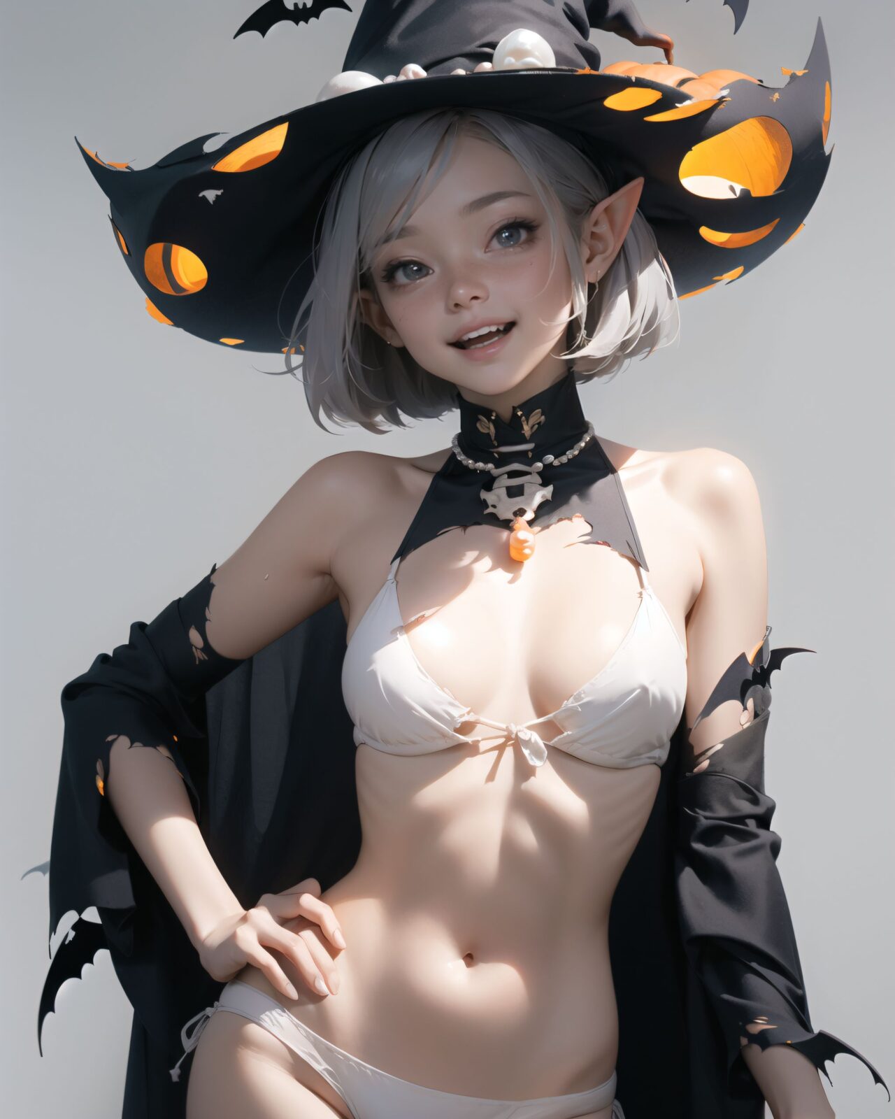 (The girl's Halloween costume is torn and her underwear is showing.
She is embarrassed and blushing,
pumpkins, bats, skeletons:1.3),



Bringing her into sharp focus, 
High resolution, detailed graphics, 
(vivid colors), professional quality,


Ultra-high resolution, capturing every detail from individual strands of hair to the intricate fabrics of her costume,
Professional-grade clarity and contrast bring the vibrant colours to life,


(moles:-1.1),(spot on the skin:-1.2),(freckles:-1.3),(hand:-1.4),

(front face lighting:1.8), 
close-up shot,
(pearl gray background:1.5),


Absurdres, masterpiece, best quality, (ultra-detailed), (nice hands, perfect hands), ideal ratio body proportions,
BREAK
(soft line, sharp line:1.3), (1girl), solo, stand, (contrapposto:1.2), (arms at sides), front view, close-up upper body, depth background, in the Halloween landscape, full moon, castle, tombstones, bat, (ghost), jack o lantern, candle, (night: 1.5),
BREAK
cute girl, detailed blue eyes, (eyes highlight), (silver medium bob hair:1.2), medium breasts, (elf ears), cheerful smile, open mouth, blush, floating hair, sweat,
BREAK
(wearing white micro bikini), (see through:1.2), cleavage, navel, Witch Hat