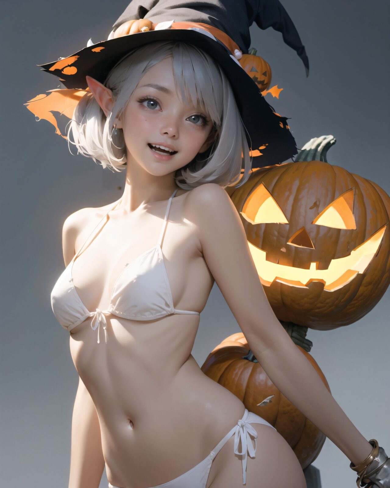 (The girl's Halloween costume is torn and her underwear is showing.
She is embarrassed and blushing,
pumpkins, bats, skeletons:1.3),



Bringing her into sharp focus, 
High resolution, detailed graphics, 
(vivid colors), professional quality,


Ultra-high resolution, capturing every detail from individual strands of hair to the intricate fabrics of her costume,
Professional-grade clarity and contrast bring the vibrant colours to life,


(moles:-1.1),(spot on the skin:-1.2),(freckles:-1.3),(hand:-1.4),

(front face lighting:1.8), 
close-up shot,
(pearl gray background:1.5),


Absurdres, masterpiece, best quality, (ultra-detailed), (nice hands, perfect hands), ideal ratio body proportions,
BREAK
(soft line, sharp line:1.3), (1girl), solo, stand, (contrapposto:1.2), (arms at sides), front view, close-up upper body, depth background, in the Halloween landscape, full moon, castle, tombstones, bat, (ghost), jack o lantern, candle, (night: 1.5),
BREAK
cute girl, detailed blue eyes, (eyes highlight), (silver medium bob hair:1.2), medium breasts, (elf ears), cheerful smile, open mouth, blush, floating hair, sweat,
BREAK
(wearing white micro bikini), (see through:1.2), cleavage, navel, Witch Hat