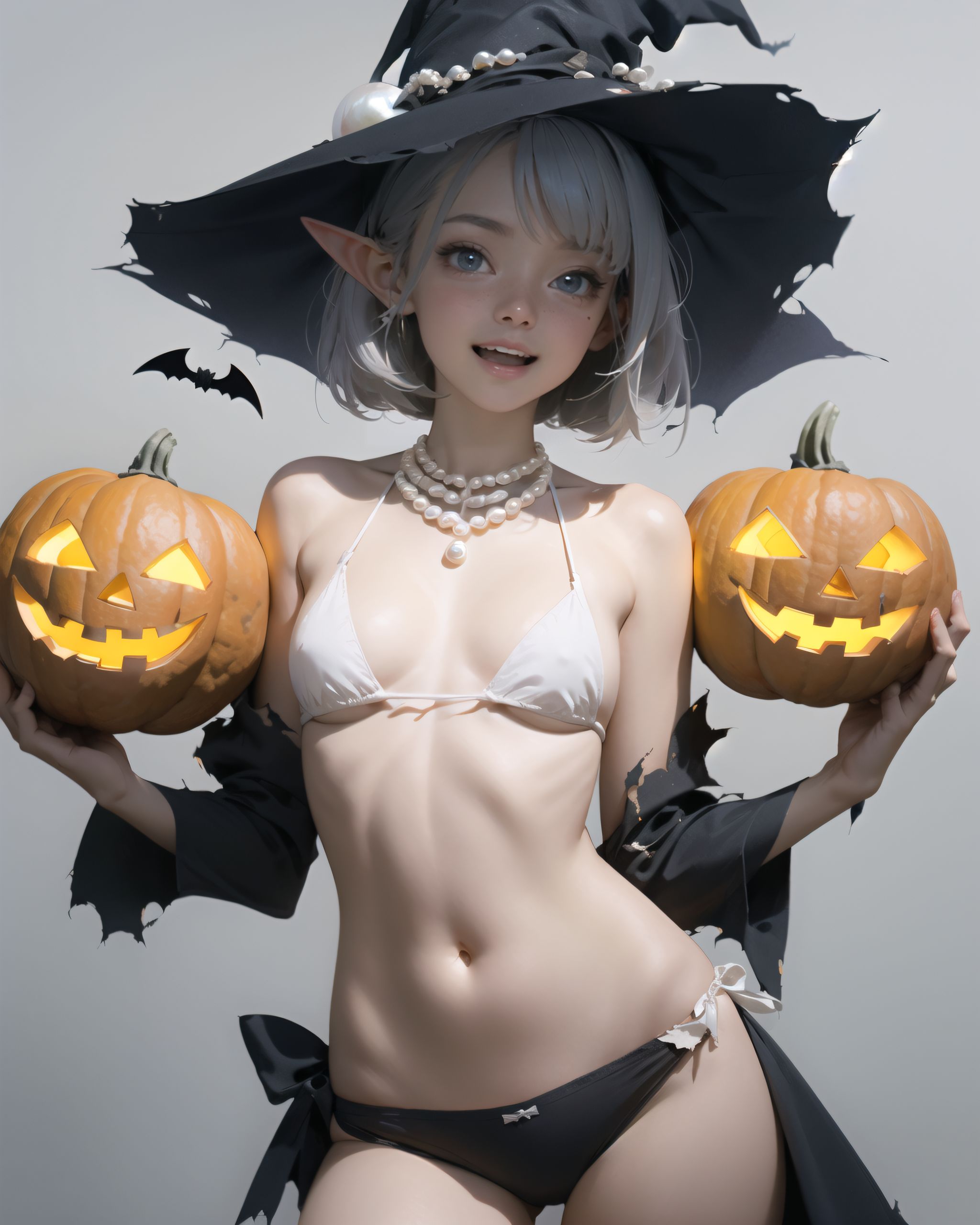 (The girl's Halloween costume is torn and her underwear is showing.
She is embarrassed and blushing,

Halloween Background,
pumpkins, bats, skeletons:1.3),

Bringing her into sharp focus, 
High resolution, detailed graphics, 
(vivid colors), professional quality,


Ultra-high resolution, capturing every detail from individual strands of hair to the intricate fabrics of her costume,
Professional-grade clarity and contrast bring the vibrant colours to life,



(moles:-1.1),(spot on the skin:-1.2),(freckles:-1.3),(hand:-1.4),

(front face lighting:1.8), 
close-up shot,
(pearl gray background:1.5),


Absurdres, masterpiece, best quality, (ultra-detailed), (nice hands, perfect hands), ideal ratio body proportions,
BREAK
(soft line, sharp line:1.3), (1girl), solo, stand, (contrapposto:1.2), (arms at sides), front view, close-up upper body, depth background, in the Halloween landscape, full moon, castle, tombstones, bat, (ghost), jack o lantern, candle, (night: 1.5),
BREAK
cute girl, detailed blue eyes, (eyes highlight), (silver medium bob hair:1.2), medium breasts, (elf ears), cheerful smile, open mouth, blush, floating hair, sweat,
BREAK
(wearing white micro bikini), (see through:1.2), cleavage, navel, Witch Hat