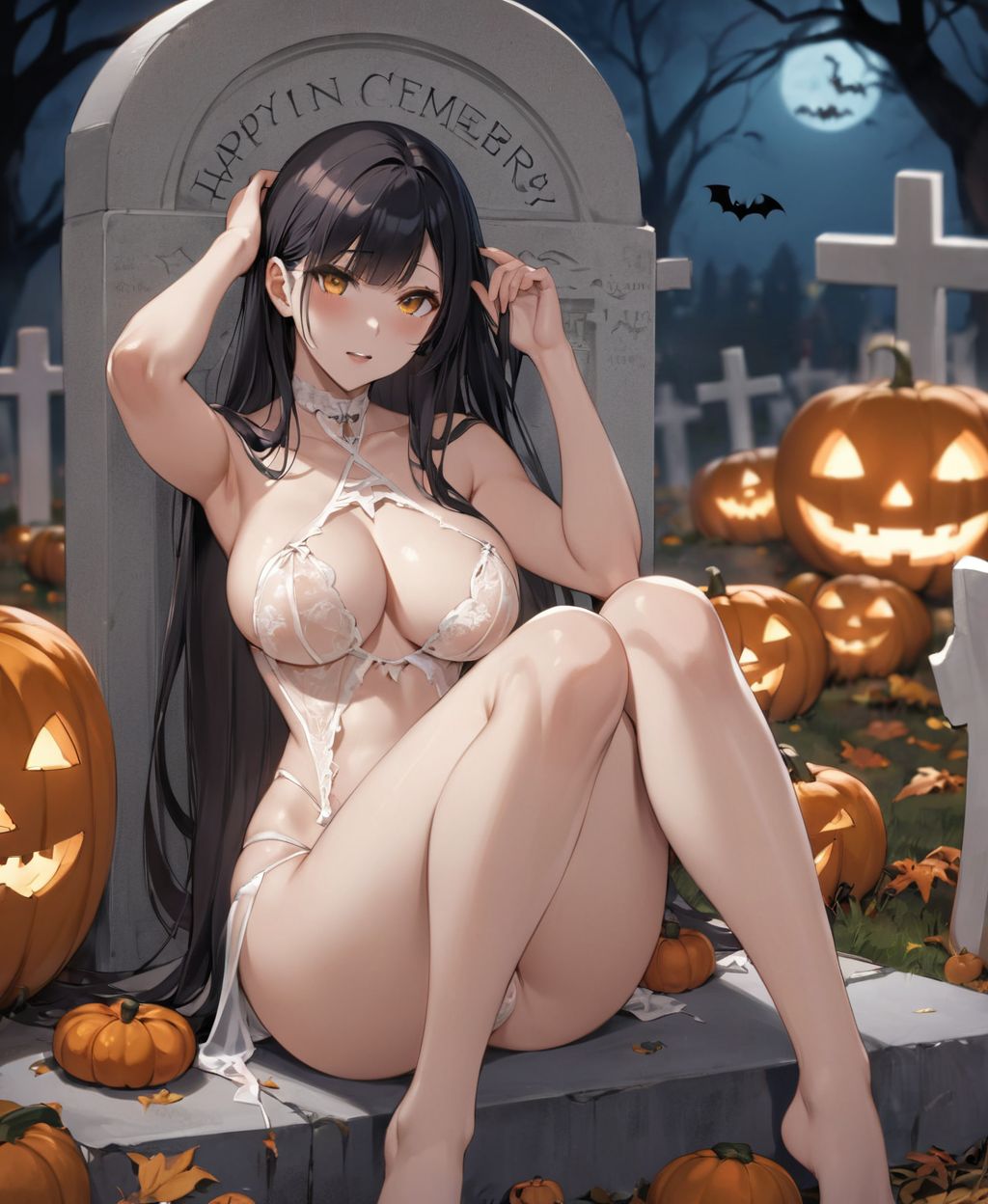 (A girl in a Halloween costume is feeling naughty in an American cemetery: 1.3),
she is sitting with her knees up and her legs spread, leaning against a tombstone.
Her witch's costume is torn and she is naked.
twisted torso,Touching Hair,reika,black hair,long hair,straight hair,large breast,white orange Lace see-through lingerie,stockings,happy,horror,ghost,night,depth of field,autumn,Halloween,street,