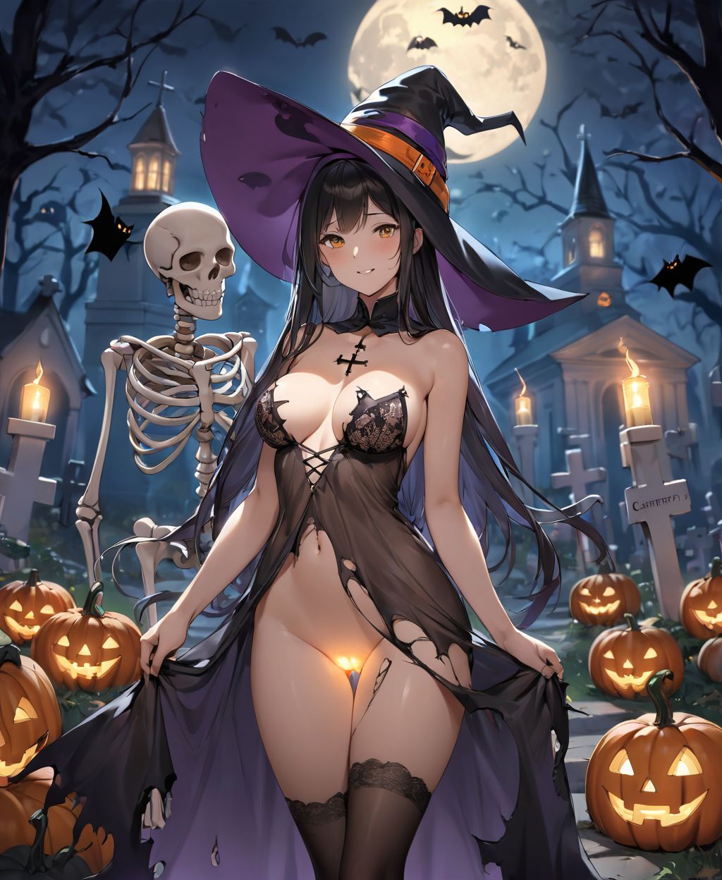 (A girl in a Halloween costume in an American cemetery: 1.3),
(Her witch costume is torn and she is upper about herf naked:1.6),
(One of her breasts is visible).
(She is blushing with embarrassment),


twisted torso,Touching Hair,reika,black hair,long hair,straight hair,large breast,white orange Lace see-through lingerie,stockings,happy,horror,ghost,night,depth of field,autumn,Halloween,street,

BLAKE


(contrapposto:1.2), (arms at sides), front view, close-up upper body, depth background, in the Halloween landscape, full moon, castle, tombstones, bat, (ghost), jack o lantern, candle, 
(The background is a dark American cemetery at night: 1.5),
BREAK
(wearing see through:1.2), cleavage, Witch Hat,


(Halloween Background,
pumpkins, bats, skeletons:1.3),

Bringing her into sharp focus, 
High resolution, detailed graphics, 
(vivid colors), professional quality,


Ultra-high resolution, capturing every detail from individual strands of hair to the intricate fabrics of her costume,
Professional-grade clarity and contrast bring the vibrant colours to life,



(moles:-1.1),(spot on the skin:-1.2),(freckles:-1.3),(hand:-1.4),

(front face lighting:1.8),