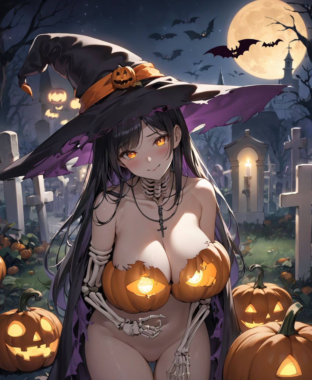 (A girl in a Halloween costume in an American cemetery: 1.3),
(Her witch costume is torn and she is upper about herf naked:1.6),
(One of her breasts is visible).
(She is blushing with embarrassment),


twisted torso,Touching Hair,reika,black hair,long hair,straight hair,large breast,white orange Lace see-through lingerie,stockings,happy,horror,ghost,night,depth of field,autumn,Halloween,street,

BLAKE


(contrapposto:1.2), (arms at sides), front view, close-up upper body, depth background, in the Halloween landscape, full moon, castle, tombstones, bat, (ghost), jack o lantern, candle, 
(The background is a dark American cemetery at night: 1.5),
BREAK
(wearing see through:1.2), cleavage, Witch Hat,


(Halloween Background,
pumpkins, bats, skeletons:1.3),

Bringing her into sharp focus, 
High resolution, detailed graphics, 
(vivid colors), professional quality,


Ultra-high resolution, capturing every detail from individual strands of hair to the intricate fabrics of her costume,
Professional-grade clarity and contrast bring the vibrant colours to life,



(moles:-1.1),(spot on the skin:-1.2),(freckles:-1.3),(hand:-1.4),

(front face lighting:1.8),