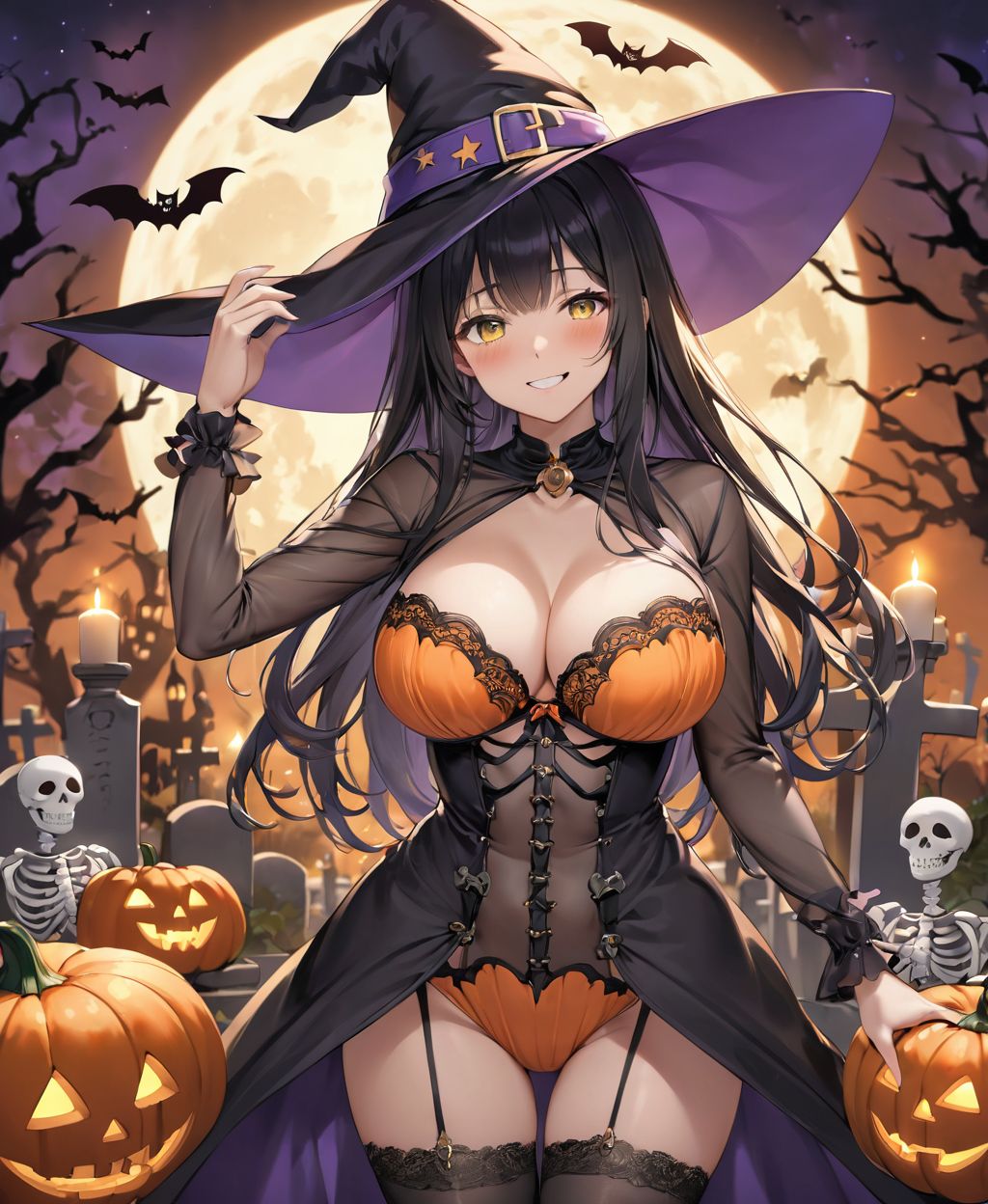 (Girl in a Halloween costume at an American cemetery: 1.3),
(Witch costume with a pumpkin bra and a skeleton dress: 1.6),
(Girl blushing with embarrassment),
twisted torso, touching hair, Reika, black hair, long hair, straight hair, large breasts, white orange lace see-through lingerie, stockings, happiness, horror, ghost, night, depth of field, autumn, Halloween, street,

BLAKE


(contra-post: 1.2), (arms at the side of the body), front view, close-up of the upper body, deep background, in a Halloween landscape, full moon, castle, gravestone, bat, (ghost), jack-o'-lantern, candle,
(dark American cemetery at night: 1.5),
BREAK
(wearing see-through clothes: 1.2), cleavage, witch's hat,


(Halloween background,
pumpkin, bat, skeleton: 1.3),

sharp focus on her,
high resolution, detailed graphics,
(vivid colors), professional quality,


ultra-high resolution, images that capture every detail, from the individual strands of hair to the intricate weave of the costume,
vivid colors come to life with professional-quality clarity and contrast,



(mole: -1.1), (skin blemishes: -1.2), (freckles: -1.3), (hands: -1.4),

(lighting from the front: 1.8),