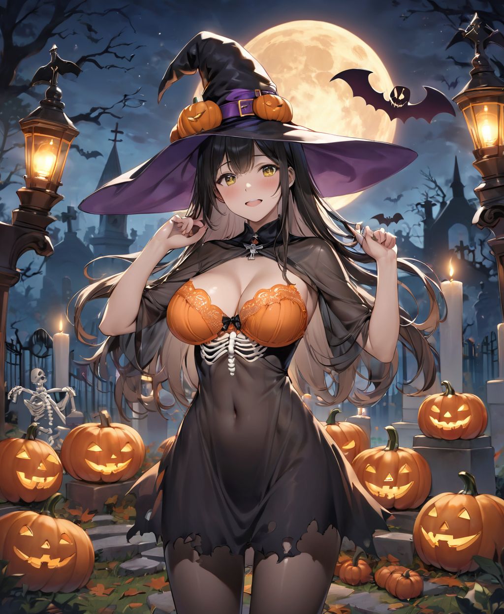 (Girl in a Halloween costume at an American cemetery: 1.3),
(Witch costume with a pumpkin bra and a skeleton dress: 1.6),
(Girl blushing with embarrassment),
twisted torso, touching hair, Reika, black hair, long hair, straight hair, large breasts, white orange lace see-through lingerie, stockings, happiness, horror, ghost, night, depth of field, autumn, Halloween, street,

BLAKE


(contra-post: 1.2), (arms at the side of the body), front view, close-up of the upper body, deep background, in a Halloween landscape, full moon, castle, gravestone, bat, (ghost), jack-o'-lantern, candle,
(dark American cemetery at night: 1.5),
BREAK
(wearing see-through clothes: 1.2), cleavage, witch's hat,


(Halloween background,
pumpkin, bat, skeleton: 1.3),

sharp focus on her,
high resolution, detailed graphics,
(vivid colors), professional quality,


ultra-high resolution, images that capture every detail, from the individual strands of hair to the intricate weave of the costume,
vivid colors come to life with professional-quality clarity and contrast,



(mole: -1.1), (skin blemishes: -1.2), (freckles: -1.3), (hands: -1.4),

(lighting from the front: 1.8),