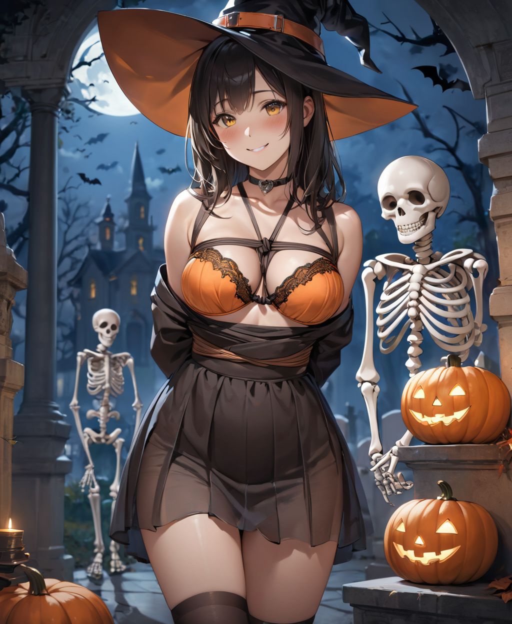 (Girl in a Halloween costume at an American cemetery: 1.3),
(Witch costume with a pumpkin bra and a skeleton dress: 1.6),
(Girl blushing with embarrassment),
twisted torso, touching hair, Reika, black hair, long hair, straight hair, large breasts, white orange lace see-through lingerie, stockings, happiness, horror, ghost, night, depth of field, autumn, Halloween, street,

BLAKE
(masterpiece:1.3), (best quality:1.3),(photo-realistic:1.2),(4 girls:1.8),(solo:-2.0),(cute girls:1.2),kawaii,idol face,(12 years old young girl:1.3),
(Cowboy shot:1.6),
BLAKE
(Each girl has the same appearance:-1.5),(All the girls look the same,Same hair color,Same hairstyle,They look alike,They look exactly the same:-1.2),

(baby face:1.4),(smile:1.4),blush,(soft and smooth skin:1.2),(oily skin:1.2),beautiful detailed eyes,
(medium breasts:1.2),
(beautiful hair:1.1),

 (Fair-skinned), (large breast:0.5), dark brown hair, twin tails, blindfold, sexy maid, mini skirt, from front, orgasm face, steam, sweat, face focus, (shibari, bound breast),(kimono bondage:1.8),kikkou-shibari,SM play bondage,(arms held in front to hold a bouquet),(pink her room),

concept art,texture,(Exquisite and beautiful photorealistic depiction of the background, superrealism:1.5),backgrounds,absolutely resolution, ultra detaile,intricate,(8k:1.3),CG, unity , 2k wallpaper,absurdres,

(EasyNegativeV2:-1.5), (worst quality, low quality:-1.2),(moles:-1.1),(spot on the skin:-1.2),(freckles:-1.3),(bad-hands-5:-1.2), (negative_hand-neg:-1.1),
BLAKE

(contra-post: 1.2), (arms at the side of the body), front view, close-up of the upper body, deep background, in a Halloween landscape, full moon, castle, gravestone, bat, (ghost), jack-o'-lantern, candle,
(dark American cemetery at night: 1.5),
BREAK
(wearing see-through clothes: 1.2), cleavage, witch's hat,


(Halloween background,
pumpkin, bat, skeleton: 1.3),

sharp focus on her,
high resolution, detailed graphics,
(vivid colors), professional quality,


ultra-high resolution, images that capture every detail, from the individual strands of hair to the intricate weave of the costume,
vivid colors come to life with professional-quality clarity and contrast,



(mole: -1.1), (skin blemishes: -1.2), (freckles: -1.3), (hands: -1.4),

(lighting from the front: 1.8),