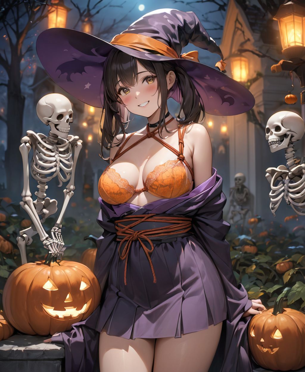 (Girl in a Halloween costume at an American cemetery: 1.3),
(Witch costume with a pumpkin bra and a skeleton dress: 1.6),
(Girl blushing with embarrassment),
twisted torso, touching hair, Reika, black hair, long hair, straight hair, large breasts, white orange lace see-through lingerie, stockings, happiness, horror, ghost, night, depth of field, autumn, Halloween, street,

BLAKE
(masterpiece:1.3), (best quality:1.3),(photo-realistic:1.2),(4 girls:1.8),(solo:-2.0),(cute girls:1.2),kawaii,idol face,(12 years old young girl:1.3),
(Cowboy shot:1.6),
BLAKE
(Each girl has the same appearance:-1.5),(All the girls look the same,Same hair color,Same hairstyle,They look alike,They look exactly the same:-1.2),

(baby face:1.4),(smile:1.4),blush,(soft and smooth skin:1.2),(oily skin:1.2),beautiful detailed eyes,
(medium breasts:1.2),
(beautiful hair:1.1),

 (Fair-skinned), (large breast:0.5), dark brown hair, twin tails, blindfold, sexy maid, mini skirt, from front, orgasm face, steam, sweat, face focus, (shibari, bound breast),(kimono bondage:1.8),kikkou-shibari,SM play bondage,(arms held in front to hold a bouquet),(pink her room),

concept art,texture,(Exquisite and beautiful photorealistic depiction of the background, superrealism:1.5),backgrounds,absolutely resolution, ultra detaile,intricate,(8k:1.3),CG, unity , 2k wallpaper,absurdres,

(EasyNegativeV2:-1.5), (worst quality, low quality:-1.2),(moles:-1.1),(spot on the skin:-1.2),(freckles:-1.3),(bad-hands-5:-1.2), (negative_hand-neg:-1.1),
BLAKE

(contra-post: 1.2), (arms at the side of the body), front view, close-up of the upper body, deep background, in a Halloween landscape, full moon, castle, gravestone, bat, (ghost), jack-o'-lantern, candle,
(dark American cemetery at night: 1.5),
BREAK
(wearing see-through clothes: 1.2), cleavage, witch's hat,


(Halloween background,
pumpkin, bat, skeleton: 1.3),

sharp focus on her,
high resolution, detailed graphics,
(vivid colors), professional quality,


ultra-high resolution, images that capture every detail, from the individual strands of hair to the intricate weave of the costume,
vivid colors come to life with professional-quality clarity and contrast,



(mole: -1.1), (skin blemishes: -1.2), (freckles: -1.3), (hands: -1.4),

(lighting from the front: 1.8),