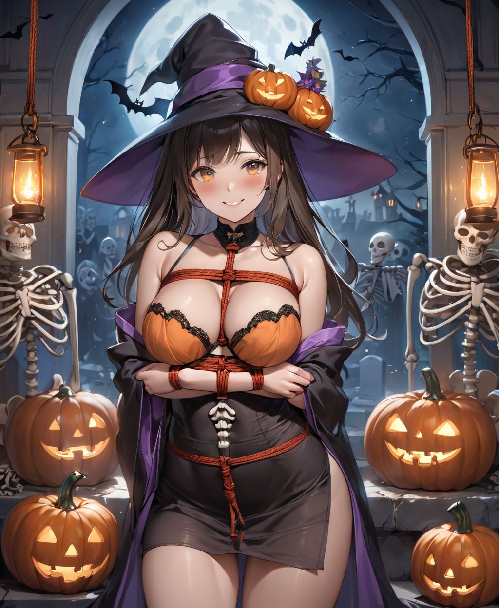 (Girl in a Halloween costume at an American cemetery: 1.3),
(Witch costume with a pumpkin bra and a skeleton dress: 1.6),
(Girl blushing with embarrassment),
twisted torso, touching hair, Reika, black hair, long hair, straight hair, large breasts, white orange lace see-through lingerie, stockings, happiness, horror, ghost, night, depth of field, autumn, Halloween, street,

BLAKE
(masterpiece:1.3), (best quality:1.3),(photo-realistic:1.2),(4 girls:1.8),(solo:-2.0),(cute girls:1.2),kawaii,idol face,(12 years old young girl:1.3),
(Cowboy shot:1.6),
BLAKE
(Each girl has the same appearance:-1.5),(All the girls look the same,Same hair color,Same hairstyle,They look alike,They look exactly the same:-1.2),

(baby face:1.4),(smile:1.4),blush,(soft and smooth skin:1.2),(oily skin:1.2),beautiful detailed eyes,
(medium breasts:1.2),
(beautiful hair:1.1),

 (Fair-skinned), (large breast:0.5), dark brown hair, twin tails, blindfold, sexy maid, mini skirt, from front, orgasm face, steam, sweat, face focus, (shibari, bound breast),(kimono bondage:1.8),kikkou-shibari,SM play bondage,(arms held in front to hold a bouquet),(pink her room),

concept art,texture,(Exquisite and beautiful photorealistic depiction of the background, superrealism:1.5),backgrounds,absolutely resolution, ultra detaile,intricate,(8k:1.3),CG, unity , 2k wallpaper,absurdres,

(EasyNegativeV2:-1.5), (worst quality, low quality:-1.2),(moles:-1.1),(spot on the skin:-1.2),(freckles:-1.3),(bad-hands-5:-1.2), (negative_hand-neg:-1.1),
BLAKE

(contra-post: 1.2), (arms at the side of the body), front view, close-up of the upper body, deep background, in a Halloween landscape, full moon, castle, gravestone, bat, (ghost), jack-o'-lantern, candle,
(dark American cemetery at night: 1.5),
BREAK
(wearing see-through clothes: 1.2), cleavage, witch's hat,


(Halloween background,
pumpkin, bat, skeleton: 1.3),

sharp focus on her,
high resolution, detailed graphics,
(vivid colors), professional quality,


ultra-high resolution, images that capture every detail, from the individual strands of hair to the intricate weave of the costume,
vivid colors come to life with professional-quality clarity and contrast,



(mole: -1.1), (skin blemishes: -1.2), (freckles: -1.3), (hands: -1.4),

(lighting from the front: 1.8),