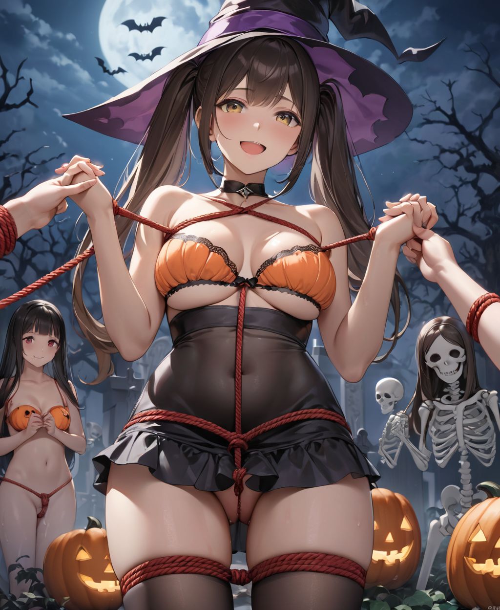 (Girl in a Halloween costume at an American cemetery: 1.3),
(Witch costume with a pumpkin bra and a skeleton dress: 1.6),
(Girl blushing with embarrassment),
twisted torso, touching hair, Reika, black hair, long hair, straight hair, large breasts, white orange lace see-through lingerie, stockings, happiness, horror, ghost, night, depth of field, autumn, Halloween, street,

BLAKE


(masterpiece: 1.3), (highest quality: 1.3), (realistic: 1.2), (four girls: 1.8), (solo: -2.0), (cute girl: 1.2), kawaii, idol face, (12-year-old girl: 1.3),
(cowboy shot: 1.6),

(baby face: 1.4), (smiling: 1.4), blushing, (soft skin: 1.2), (oily skin: 1.2), beautiful eyes (slender eyes: 1.2),
(medium breasts: 1.2),
(beautiful hair: 1.1),

(fair skin, dark brown hair, twin tails, sexy, miniskirt, front view, orgasm face, steam, sweat, close-up of face, tied up, tying up breasts, bondage from the top of the dress: 1.4), (reverse shrimp bondage, bondage in SM play, using red rope, tying up both hands behind the back:1.7),

concept art, texture, (exquisite and beautiful photorealistic depiction of the background, hyperrealism: 1.5), background, absolute resolution, super detailed, complex, (8K: 1.3), CG, Unity, 2K wallpaper, no abnormalities,

(EasyNegativeV2:-1.5), (worst quality, low quality:-1.2),(moles:-1.1),(spot on the skin:-1.2),(freckles:-1.3),(bad-hands-5:-1.2), (negative_hand-neg:-1.1),

BLAKE

(contra-post: 1.2), front view, close-up of the upper body, deep background, in a Halloween landscape, full moon, castle, gravestone, bat, (ghost), jack-o'-lantern, candle,
(dark American cemetery at night: 1.5),
BREAK
(wearing see-through clothes: 1.2), cleavage, witch's hat,


(Halloween background,
pumpkin, bat, skeleton: 1.3),

sharp focus on her,
high resolution, detailed graphics,
(vivid colors), professional quality,


ultra-high resolution, images that capture every detail, from the individual strands of hair to the intricate weave of the costume,
vivid colors come to life with professional-quality clarity and contrast,



(mole: -1.1), (skin blemishes: -1.2), (freckles: -1.3), (hands: -1.4),

(lighting from the front: 1.8),