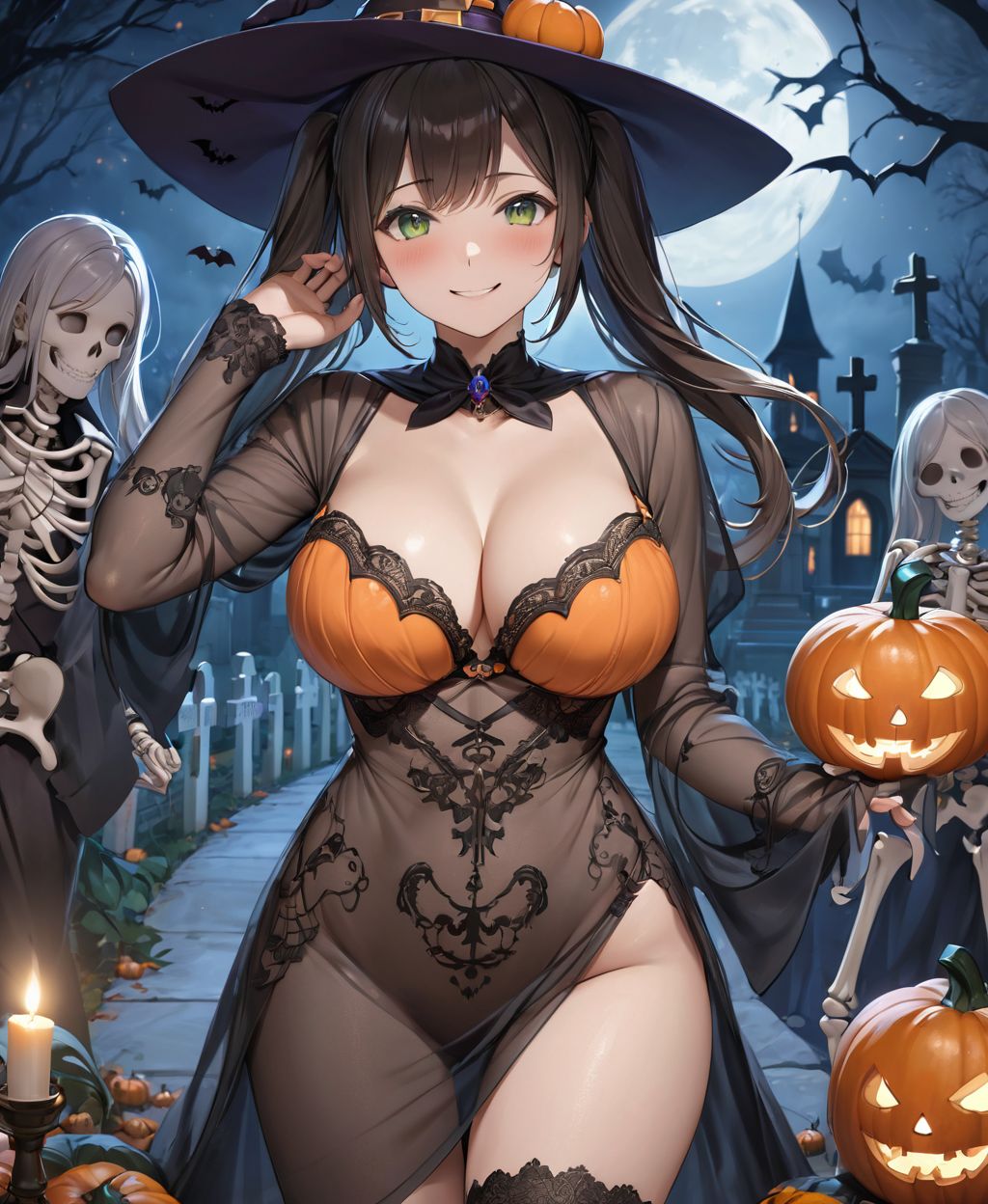 (Girl in a Halloween costume at an American cemetery: 1.3),
(Witch costume with a pumpkin bra and a skeleton dress: 1.6),
(Girl blushing with embarrassment),
twisted torso, touching hair, Reika, black hair, long hair, straight hair, large breasts, white orange lace see-through lingerie, stockings, happiness, horror, ghost, night, depth of field, autumn, Halloween, street,

BLAKE
(masterpiece:1.3), (best quality:1.3),(photo-realistic:1.2),(4 girls:1.8),(solo:-2.0),(cute girls:1.2),kawaii,idol face,(12 years old young girl:1.3),
(Cowboy shot:1.6),
BLAKE

(baby face:1.4),(smile:1.4),blush,(soft and smooth skin:1.2),(oily skin:1.2),beautiful detailed eyes,

(beautiful hair:1.1),

 (Fair-skinned), (large breast:0.5), dark brown hair, twin tails, blindfold, 
concept art,texture,(Exquisite and beautiful photorealistic depiction of the background, superrealism:1.5),backgrounds,absolutely resolution, ultra detaile,intricate,(8k:1.3),CG, unity , 2k wallpaper,absurdres,

(EasyNegativeV2:-1.5), (worst quality, low quality:-1.2),(moles:-1.1),(spot on the skin:-1.2),(freckles:-1.3),(bad-hands-5:-1.2), (negative_hand-neg:-1.1),

BLAKE

(contra-post: 1.2), (arms at the side of the body), front view, close-up of the upper body, deep background, in a Halloween landscape, full moon, castle, gravestone, bat, (ghost), jack-o'-lantern, candle,
(dark American cemetery at night: 1.5),
BREAK
(wearing see-through clothes: 1.2), cleavage, witch's hat,


(Halloween background,
pumpkin, bat, skeleton: 1.3),

sharp focus on her,
high resolution, detailed graphics,
(vivid colors), professional quality,


ultra-high resolution, images that capture every detail, from the individual strands of hair to the intricate weave of the costume,
vivid colors come to life with professional-quality clarity and contrast,



(mole: -1.1), (skin blemishes: -1.2), (freckles: -1.3), (hands: -1.4),

(lighting from the front: 1.8),