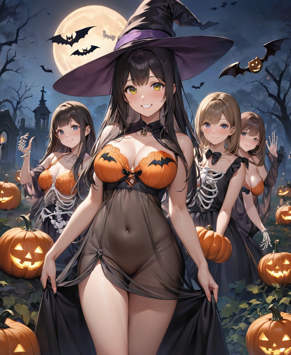 (Girl in a Halloween costume at an American cemetery: 1.3),
(Witch costume with a pumpkin bra and a skeleton dress: 1.6),
(Girl blushing with embarrassment),
twisted torso, touching hair, Reika, black hair, long hair, straight hair, large breasts, white orange lace see-through lingerie, stockings, happiness, horror, ghost, night, depth of field, autumn, Halloween, street,

BLAKE
(masterpiece:1.3), (best quality:1.3),(photo-realistic:1.2),(4 girls:1.8),(solo:-2.0),(cute girls:1.2),kawaii,idol face,(12 years old young girl:1.3),
(Cowboy shot:1.6),
BLAKE

(baby face:1.4),(smile:1.4),blush,(soft and smooth skin:1.2),(oily skin:1.2),beautiful detailed eyes,

(beautiful hair:1.1),

 (Fair-skinned), (large breast:0.5), dark brown hair, twin tails, blindfold, 
concept art,texture,(Exquisite and beautiful photorealistic depiction of the background, superrealism:1.5),backgrounds,absolutely resolution, ultra detaile,intricate,(8k:1.3),CG, unity , 2k wallpaper,absurdres,

(EasyNegativeV2:-1.5), (worst quality, low quality:-1.2),(moles:-1.1),(spot on the skin:-1.2),(freckles:-1.3),(bad-hands-5:-1.2), (negative_hand-neg:-1.1),

BLAKE

(contra-post: 1.2), (arms at the side of the body), front view, close-up of the upper body, deep background, in a Halloween landscape, full moon, castle, gravestone, bat, (ghost), jack-o'-lantern, candle,
(dark American cemetery at night: 1.5),
BREAK
(wearing see-through clothes: 1.2), cleavage, witch's hat,


(Halloween background,
pumpkin, bat, skeleton: 1.3),

sharp focus on her,
high resolution, detailed graphics,
(vivid colors), professional quality,


ultra-high resolution, images that capture every detail, from the individual strands of hair to the intricate weave of the costume,
vivid colors come to life with professional-quality clarity and contrast,



(mole: -1.1), (skin blemishes: -1.2), (freckles: -1.3), (hands: -1.4),

(lighting from the front: 1.8),