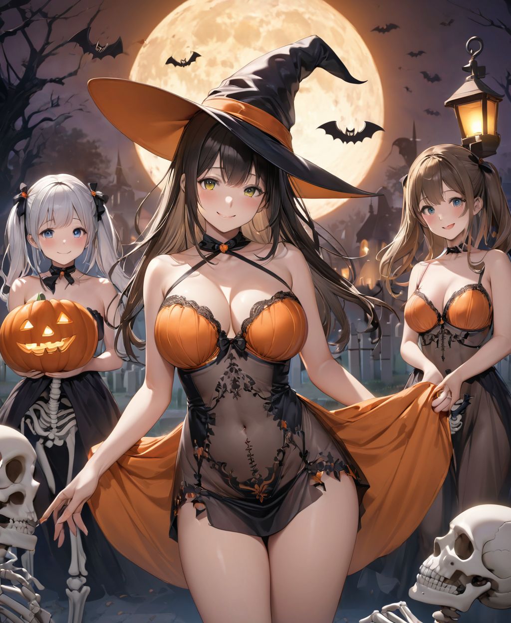 (Girl in a Halloween costume at an American cemetery: 1.3),
(Witch costume with a pumpkin bra and a skeleton dress: 1.6),
(Girl blushing with embarrassment),
twisted torso, touching hair, Reika, black hair, long hair, straight hair, large breasts, white orange lace see-through lingerie, stockings, happiness, horror, ghost, night, depth of field, autumn, Halloween, street,

BLAKE
(masterpiece:1.3), (best quality:1.3),(photo-realistic:1.2),(4 girls:1.8),(solo:-2.0),(cute girls:1.2),kawaii,idol face,(12 years old young girl:1.3),
(Cowboy shot:1.6),
BLAKE

(baby face:1.4),(smile:1.4),blush,(soft and smooth skin:1.2),(oily skin:1.2),beautiful detailed eyes,

(beautiful hair:1.1),

 (Fair-skinned), (large breast:0.5), dark brown hair, twin tails, blindfold, 
concept art,texture,(Exquisite and beautiful photorealistic depiction of the background, superrealism:1.5),backgrounds,absolutely resolution, ultra detaile,intricate,(8k:1.3),CG, unity , 2k wallpaper,absurdres,

(EasyNegativeV2:-1.5), (worst quality, low quality:-1.2),(moles:-1.1),(spot on the skin:-1.2),(freckles:-1.3),(bad-hands-5:-1.2), (negative_hand-neg:-1.1),

BLAKE

(contra-post: 1.2), (arms at the side of the body), front view, close-up of the upper body, deep background, in a Halloween landscape, full moon, castle, gravestone, bat, (ghost), jack-o'-lantern, candle,
(dark American cemetery at night: 1.5),
BREAK
(wearing see-through clothes: 1.2), cleavage, witch's hat,


(Halloween background,
pumpkin, bat, skeleton: 1.3),

sharp focus on her,
high resolution, detailed graphics,
(vivid colors), professional quality,


ultra-high resolution, images that capture every detail, from the individual strands of hair to the intricate weave of the costume,
vivid colors come to life with professional-quality clarity and contrast,



(mole: -1.1), (skin blemishes: -1.2), (freckles: -1.3), (hands: -1.4),

(lighting from the front: 1.8),