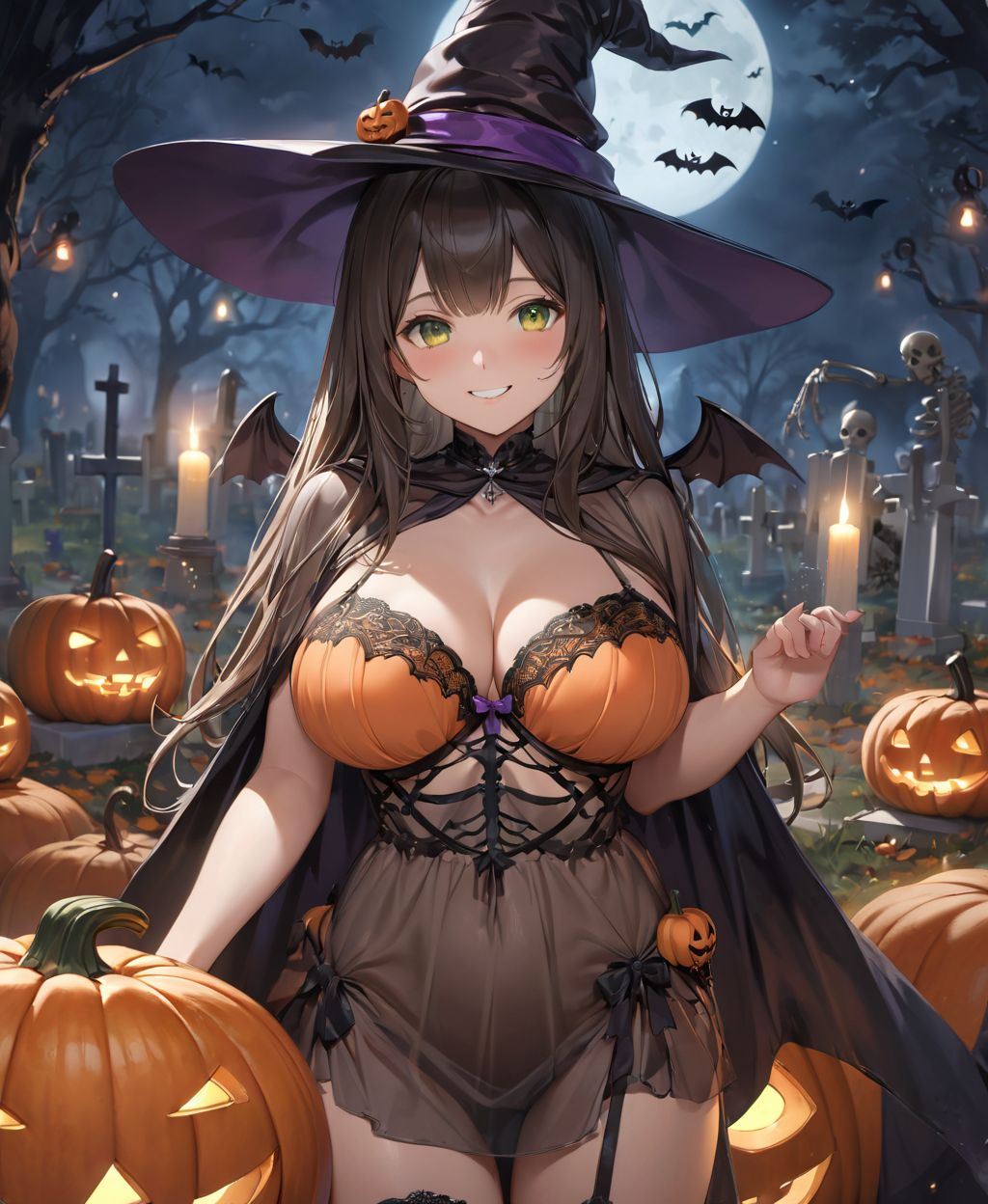 (Girl in a Halloween costume at an American cemetery: 1.3),
(Witch costume with a pumpkin bra and a skeleton dress: 1.6),
(Girl blushing with embarrassment),
twisted torso, touching hair, Reika, black hair, long hair, straight hair, large breasts, white orange lace see-through lingerie, stockings, happiness, horror, ghost, night, depth of field, autumn, Halloween, street,

BLAKE
(masterpiece:1.3), (best quality:1.3),(photo-realistic:1.2),(4 girls:1.8),(solo:-2.0),(cute girls:1.2),kawaii,idol face,(12 years old young girl:1.3),
(Cowboy shot:1.6),
BLAKE

(baby face:1.4),(smile:1.4),blush,(soft and smooth skin:1.2),(oily skin:1.2),beautiful detailed eyes,

(beautiful hair:1.1),

 (Fair-skinned), (large breast:0.5), dark brown hair, twin tails, blindfold, 
concept art,texture,(Exquisite and beautiful photorealistic depiction of the background, superrealism:1.5),backgrounds,absolutely resolution, ultra detaile,intricate,(8k:1.3),CG, unity , 2k wallpaper,absurdres,

(EasyNegativeV2:-1.5), (worst quality, low quality:-1.2),(moles:-1.1),(spot on the skin:-1.2),(freckles:-1.3),(bad-hands-5:-1.2), (negative_hand-neg:-1.1),

BLAKE

(contra-post: 1.2), (arms at the side of the body), front view, close-up of the upper body, deep background, in a Halloween landscape, full moon, castle, gravestone, bat, (ghost), jack-o'-lantern, candle,
(dark American cemetery at night: 1.5),
BREAK
(wearing see-through clothes: 1.2), cleavage, witch's hat,


(Halloween background,
pumpkin, bat, skeleton: 1.3),

sharp focus on her,
high resolution, detailed graphics,
(vivid colors), professional quality,


ultra-high resolution, images that capture every detail, from the individual strands of hair to the intricate weave of the costume,
vivid colors come to life with professional-quality clarity and contrast,



(mole: -1.1), (skin blemishes: -1.2), (freckles: -1.3), (hands: -1.4),

(lighting from the front: 1.8),