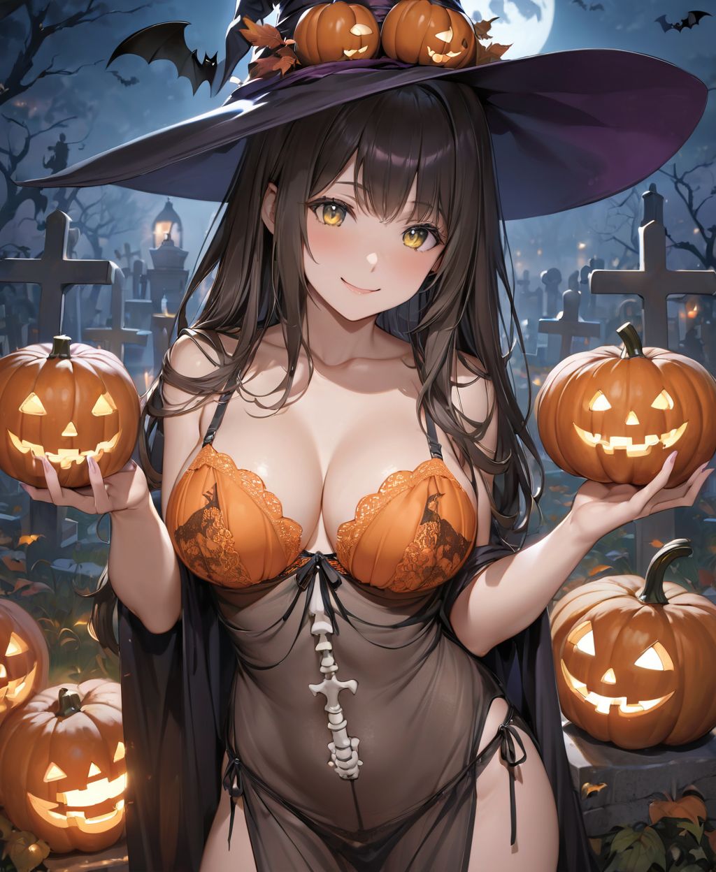 (Girl in a Halloween costume at an American cemetery: 1.3),
(Witch costume with a pumpkin bra and a skeleton dress: 1.6),
(Girl blushing with embarrassment),
twisted torso, touching hair, Reika, black hair, long hair, straight hair, large breasts, white orange lace see-through lingerie, stockings, happiness, horror, ghost, night, depth of field, autumn, Halloween, street,

BLAKE
(masterpiece:1.3), (best quality:1.3),(photo-realistic:1.2),(4 girls:1.8),(solo:-2.0),(cute girls:1.2),kawaii,idol face,(12 years old young girl:1.3),
(Cowboy shot:1.6),
BLAKE

(baby face:1.4),(smile:1.4),blush,(soft and smooth skin:1.2),(oily skin:1.2),beautiful detailed eyes,

(beautiful hair:1.1),

 (Fair-skinned), (large breast:0.5), dark brown hair, twin tails, blindfold, 
concept art,texture,(Exquisite and beautiful photorealistic depiction of the background, superrealism:1.5),backgrounds,absolutely resolution, ultra detaile,intricate,(8k:1.3),CG, unity , 2k wallpaper,absurdres,

(EasyNegativeV2:-1.5), (worst quality, low quality:-1.2),(moles:-1.1),(spot on the skin:-1.2),(freckles:-1.3),(bad-hands-5:-1.2), (negative_hand-neg:-1.1),

BLAKE

(contra-post: 1.2), (arms at the side of the body), front view, close-up of the upper body, deep background, in a Halloween landscape, full moon, castle, gravestone, bat, (ghost), jack-o'-lantern, candle,
(dark American cemetery at night: 1.5),
BREAK
(wearing see-through clothes: 1.2), cleavage, witch's hat,


(Halloween background,
pumpkin, bat, skeleton: 1.3),

sharp focus on her,
high resolution, detailed graphics,
(vivid colors), professional quality,


ultra-high resolution, images that capture every detail, from the individual strands of hair to the intricate weave of the costume,
vivid colors come to life with professional-quality clarity and contrast,



(mole: -1.1), (skin blemishes: -1.2), (freckles: -1.3), (hands: -1.4),

(lighting from the front: 1.8),