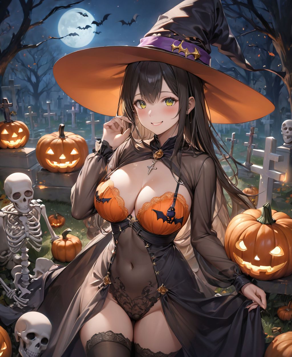 (Girl in a Halloween costume at an American cemetery: 1.3),
(Witch costume with a pumpkin bra and a skeleton dress: 1.6),
(Girl blushing with embarrassment),
twisted torso, touching hair, Reika, black hair, long hair, straight hair, large breasts, white orange lace see-through lingerie, stockings, happiness, horror, ghost, night, depth of field, autumn, Halloween, street,

BLAKE
(masterpiece:1.3), (best quality:1.3),(photo-realistic:1.2),(4 girls:1.8),(solo:-2.0),(cute girls:1.2),kawaii,idol face,(12 years old young girl:1.3),
(Cowboy shot:1.6),
BLAKE

(baby face:1.4),(smile:1.4),blush,(soft and smooth skin:1.2),(oily skin:1.2),beautiful detailed eyes,

(beautiful hair:1.1),

 (Fair-skinned), (large breast:0.5), dark brown hair, twin tails, blindfold, 
concept art,texture,(Exquisite and beautiful photorealistic depiction of the background, superrealism:1.5),backgrounds,absolutely resolution, ultra detaile,intricate,(8k:1.3),CG, unity , 2k wallpaper,absurdres,

(EasyNegativeV2:-1.5), (worst quality, low quality:-1.2),(moles:-1.1),(spot on the skin:-1.2),(freckles:-1.3),(bad-hands-5:-1.2), (negative_hand-neg:-1.1),

BLAKE

(contra-post: 1.2), (arms at the side of the body), front view, close-up of the upper body, deep background, in a Halloween landscape, full moon, castle, gravestone, bat, (ghost), jack-o'-lantern, candle,
(dark American cemetery at night: 1.5),
BREAK
(wearing see-through clothes: 1.2), cleavage, witch's hat,


(Halloween background,
pumpkin, bat, skeleton: 1.3),

sharp focus on her,
high resolution, detailed graphics,
(vivid colors), professional quality,


ultra-high resolution, images that capture every detail, from the individual strands of hair to the intricate weave of the costume,
vivid colors come to life with professional-quality clarity and contrast,



(mole: -1.1), (skin blemishes: -1.2), (freckles: -1.3), (hands: -1.4),

(lighting from the front: 1.8),